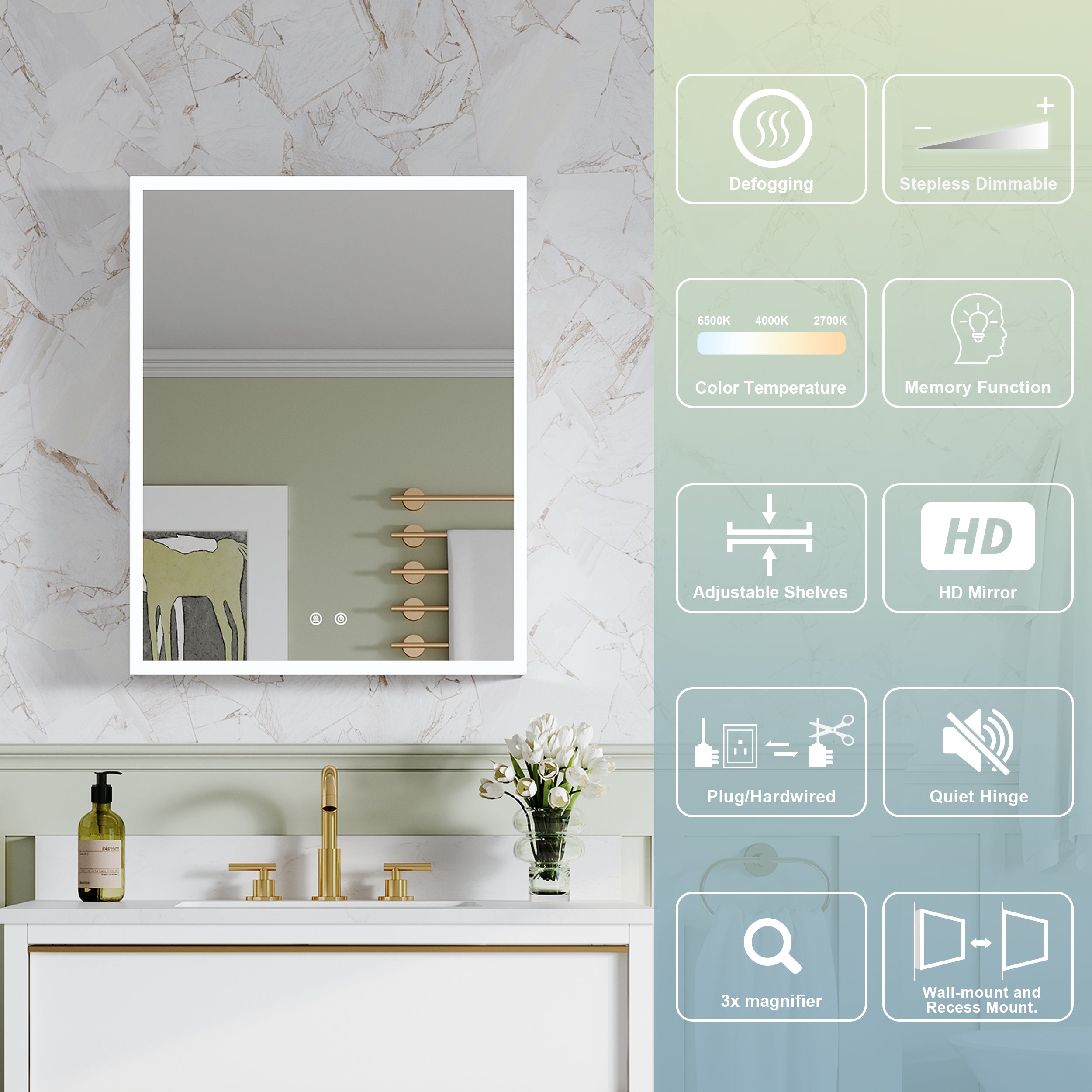 24 in. x 30 in. Rectangular Recessed/Surface Mount Left Medicine Cabinet with Mirror and LED Light