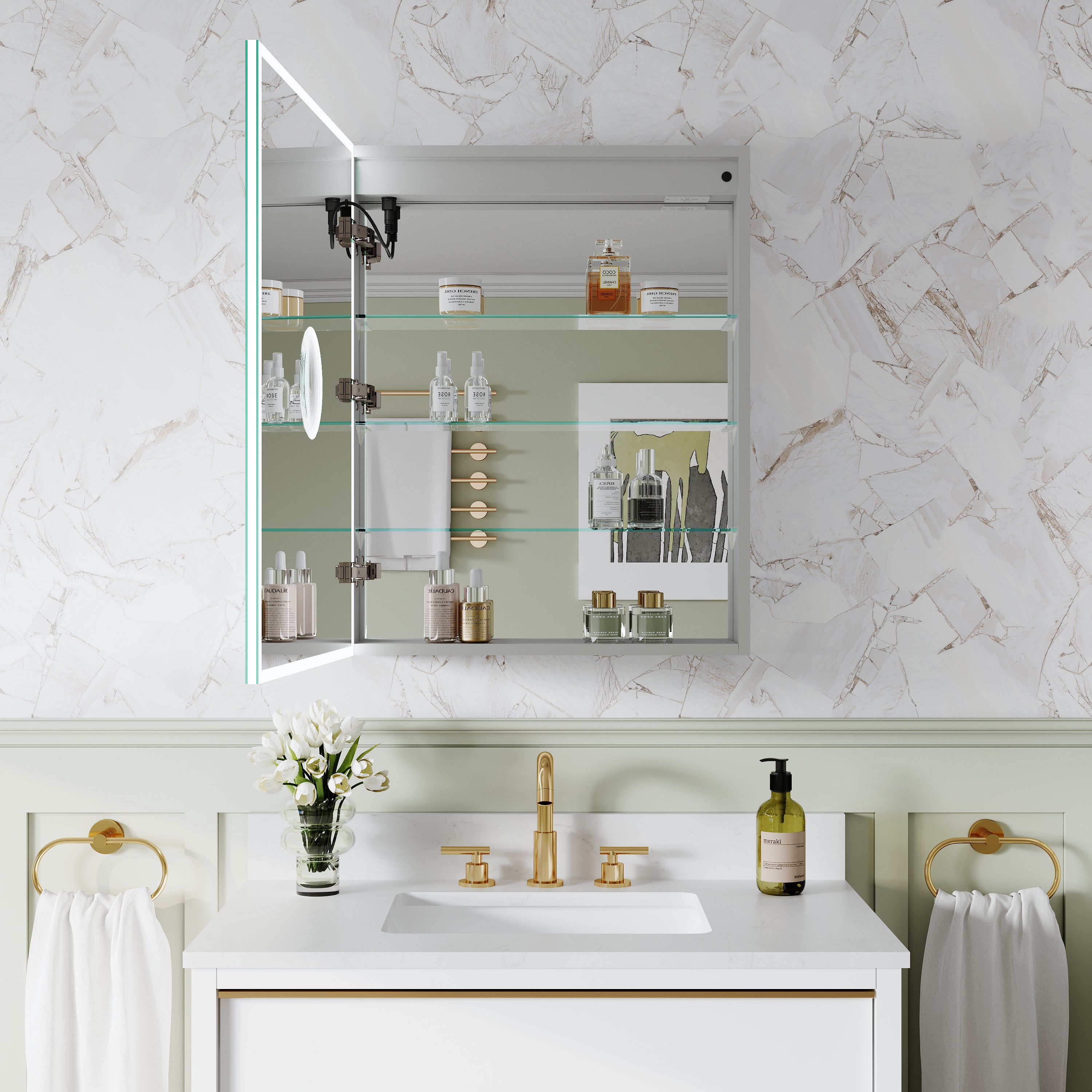 24 in. x 30 in. Rectangular Recessed/Surface Mount Left Medicine Cabinet with Mirror and LED Light
