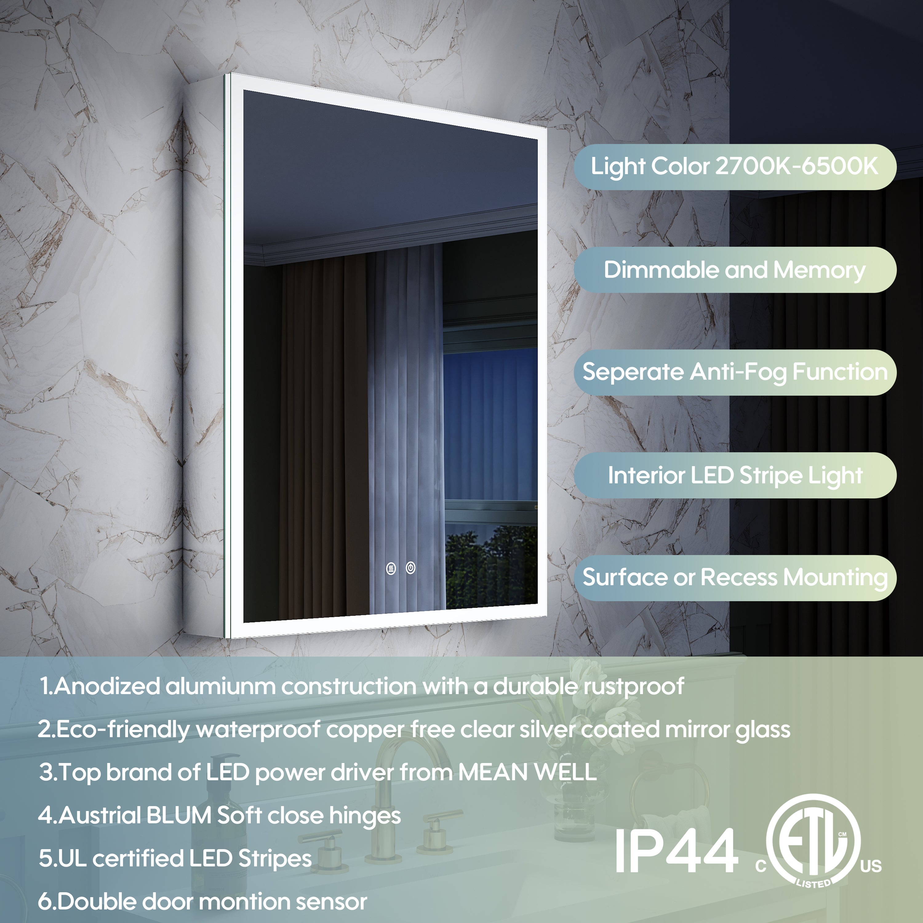 24 in. x 30 in. Rectangular Recessed/Surface Mount Left Medicine Cabinet with Mirror and LED Light