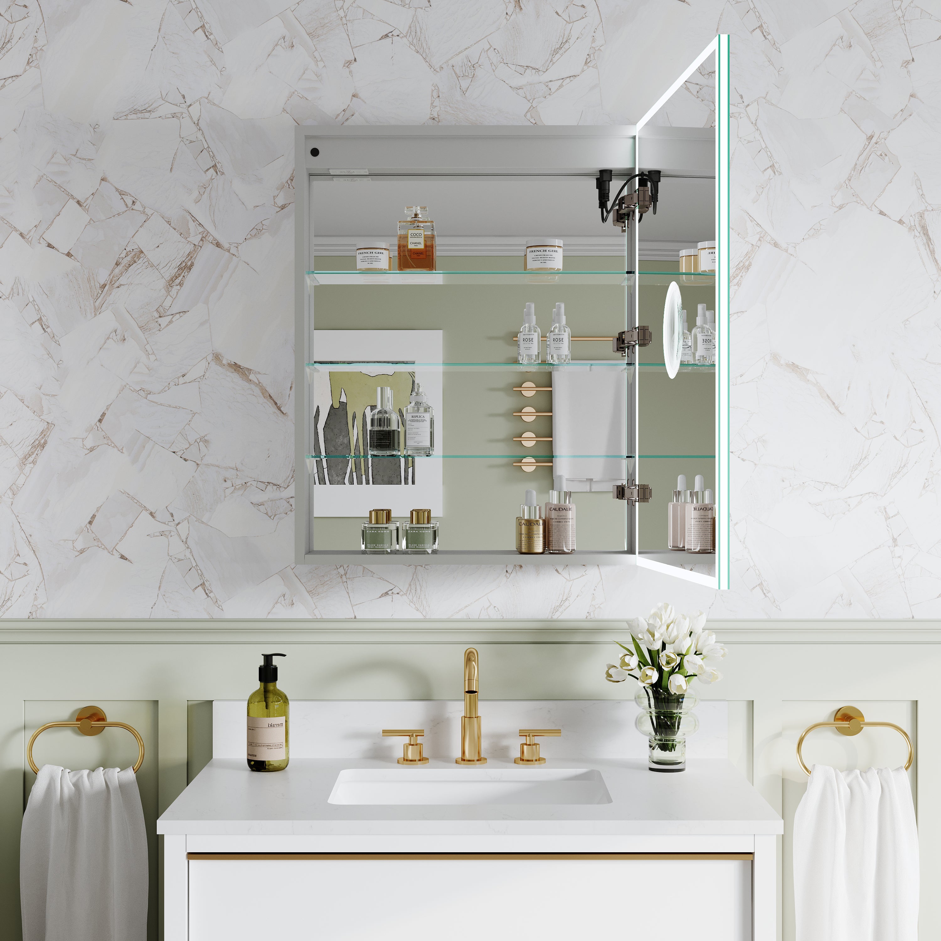 24 in. x 30 in. LED Medicine Cabinet for Bathroom, Wall Mount Cabinet with Mirror, Dimmable, Anti-fog, Right Side