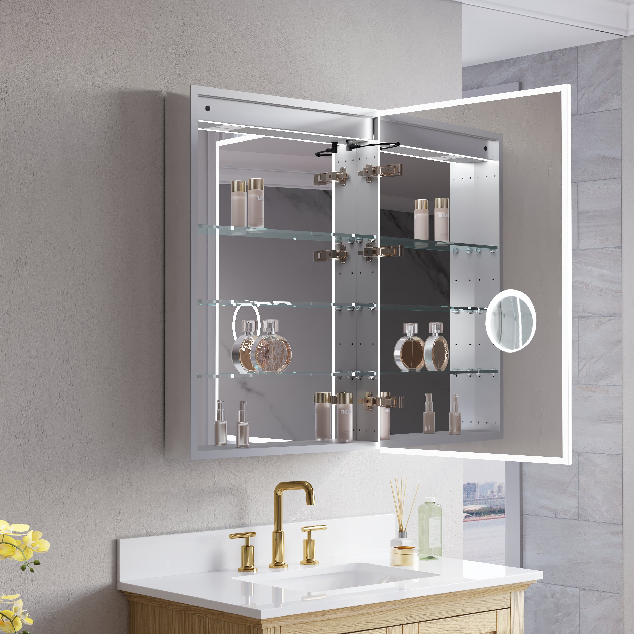 2-Pack 24 in. x 36 in. Recessed/Surface Mount LED Medicine Cabinet with 3X Magnifier Glass Mirror, Left Hinge+Right Hinge