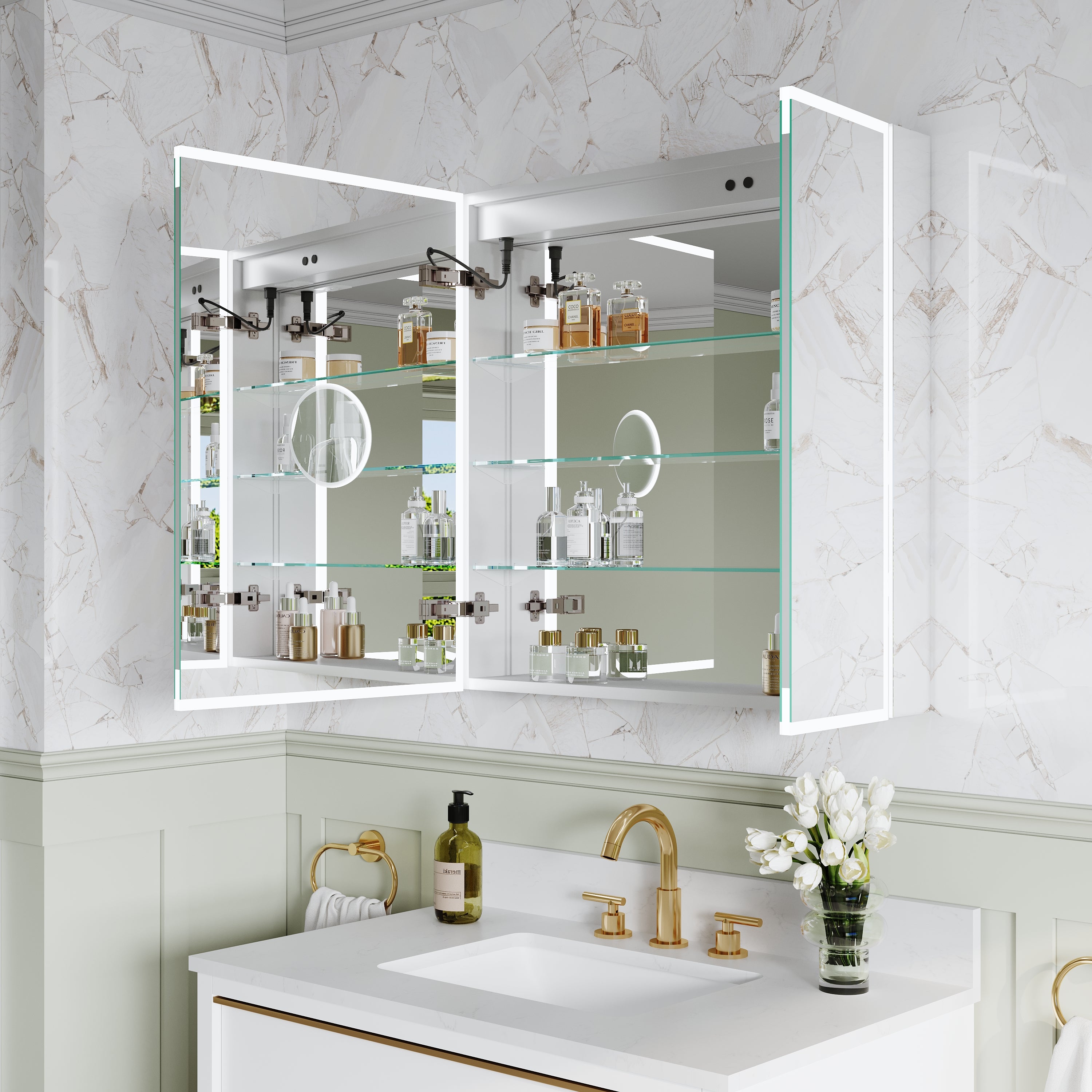 30 in. x 30 in. Rectangular Recessed/Surface Mount Medicine Cabinet with 3x Magnifier Mirror and LED Light