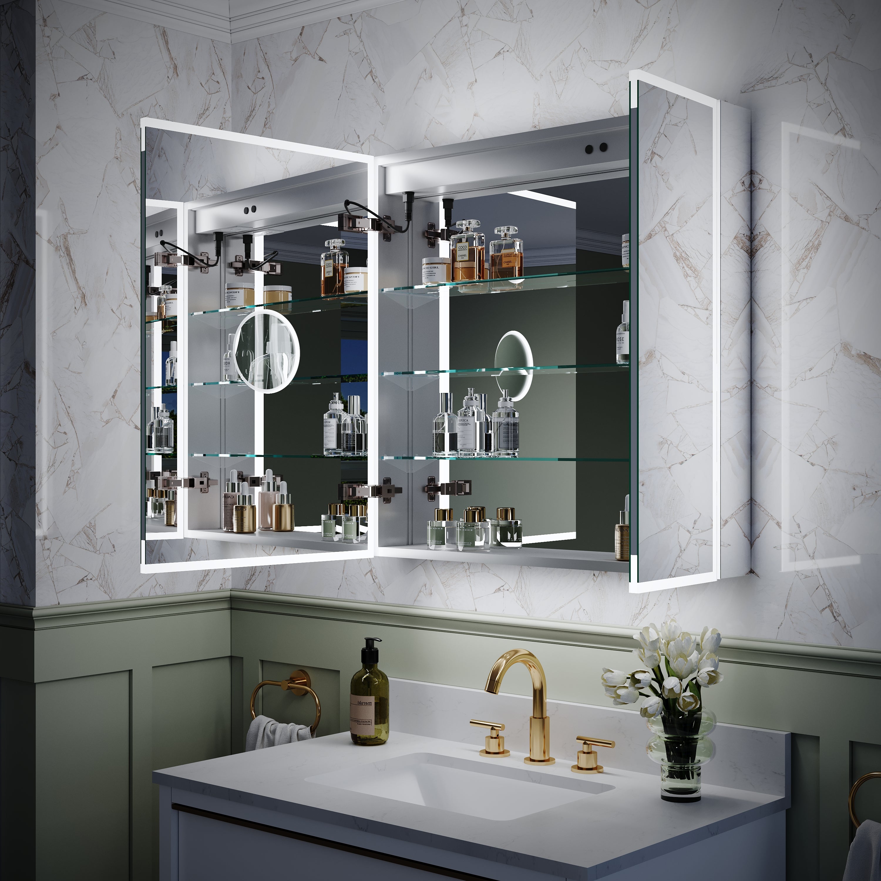 30 in. x 30 in. Rectangular Recessed/Surface Mount Medicine Cabinet with 3x Magnifier Mirror and LED Light