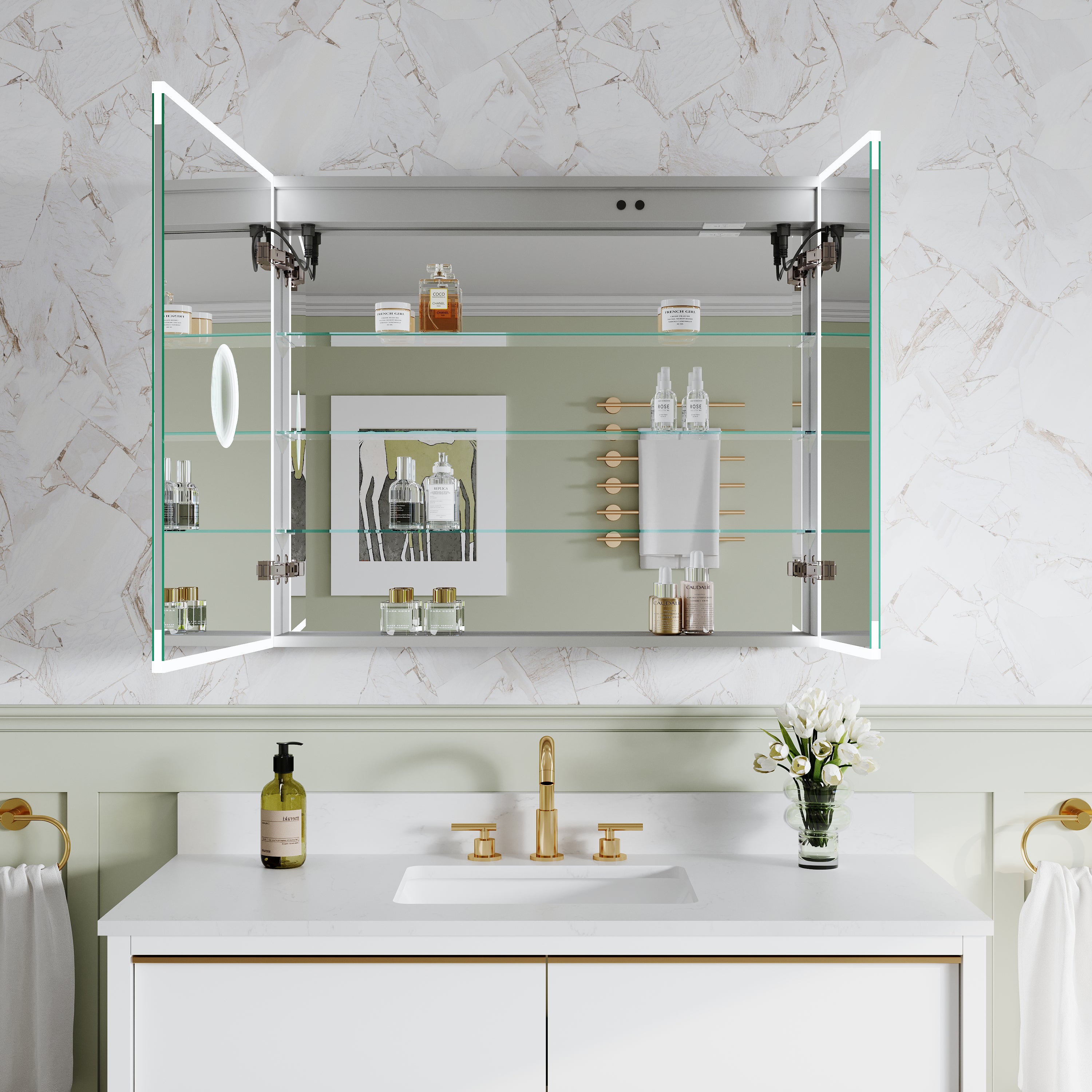 36 x 30 Inch LED Lighted Medicine Cabinet with 3x Magnifier Mirror, Recessed/Surface Mount