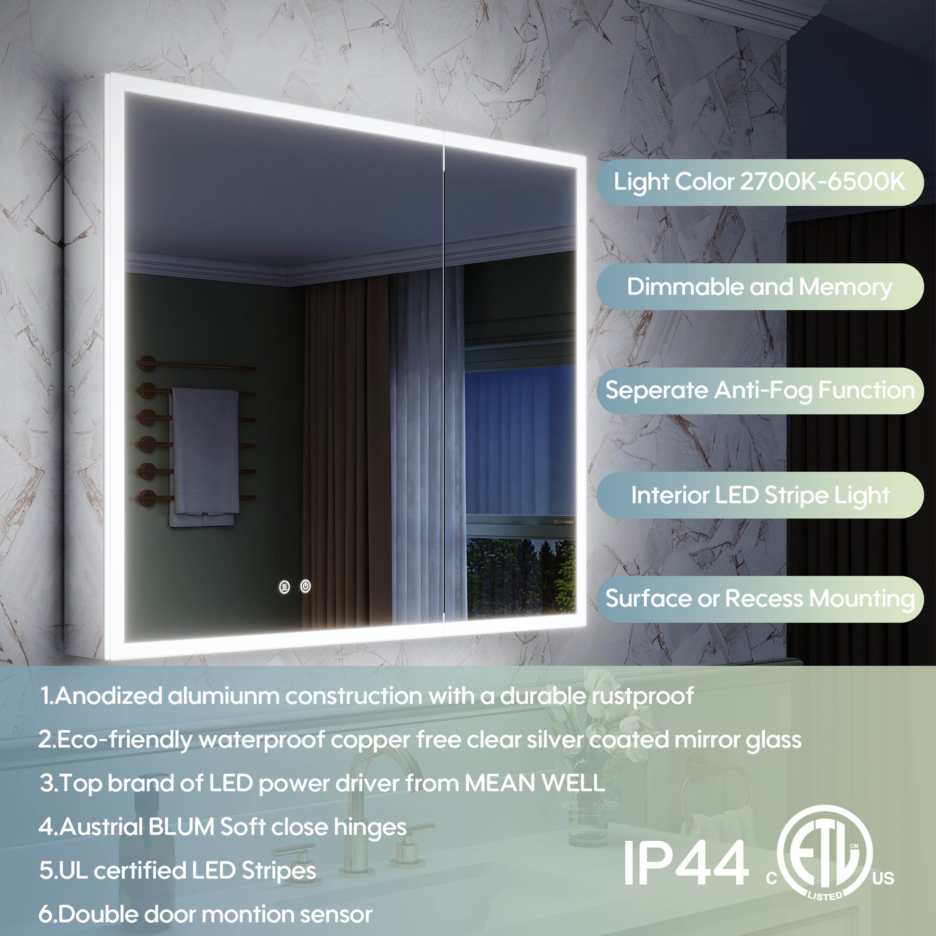 36 x 30 Inch LED Lighted Medicine Cabinet with 3x Magnifier Mirror, Recessed/Surface Mount