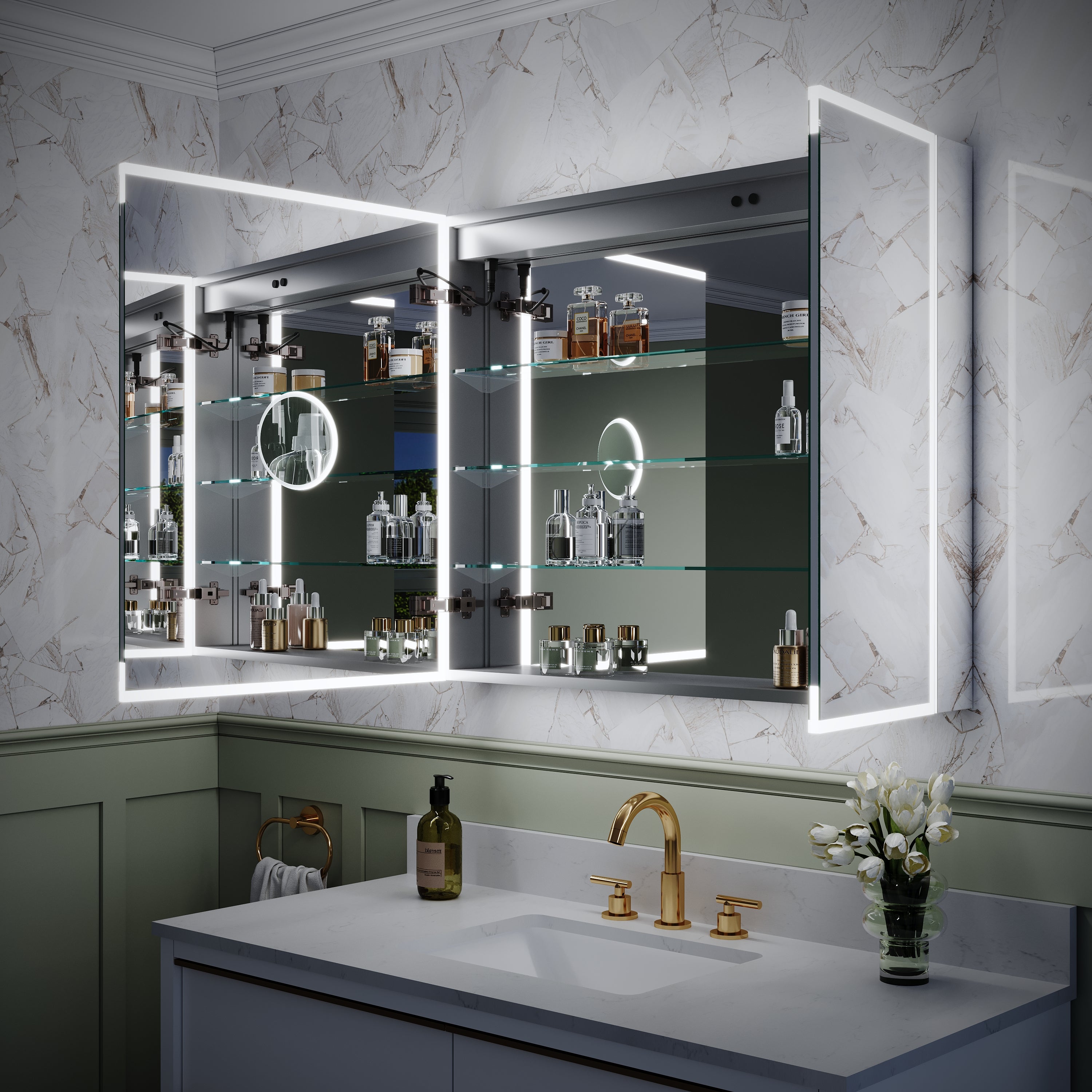 36 x 30 Inch LED Lighted Medicine Cabinet with 3x Magnifier Mirror, Recessed/Surface Mount
