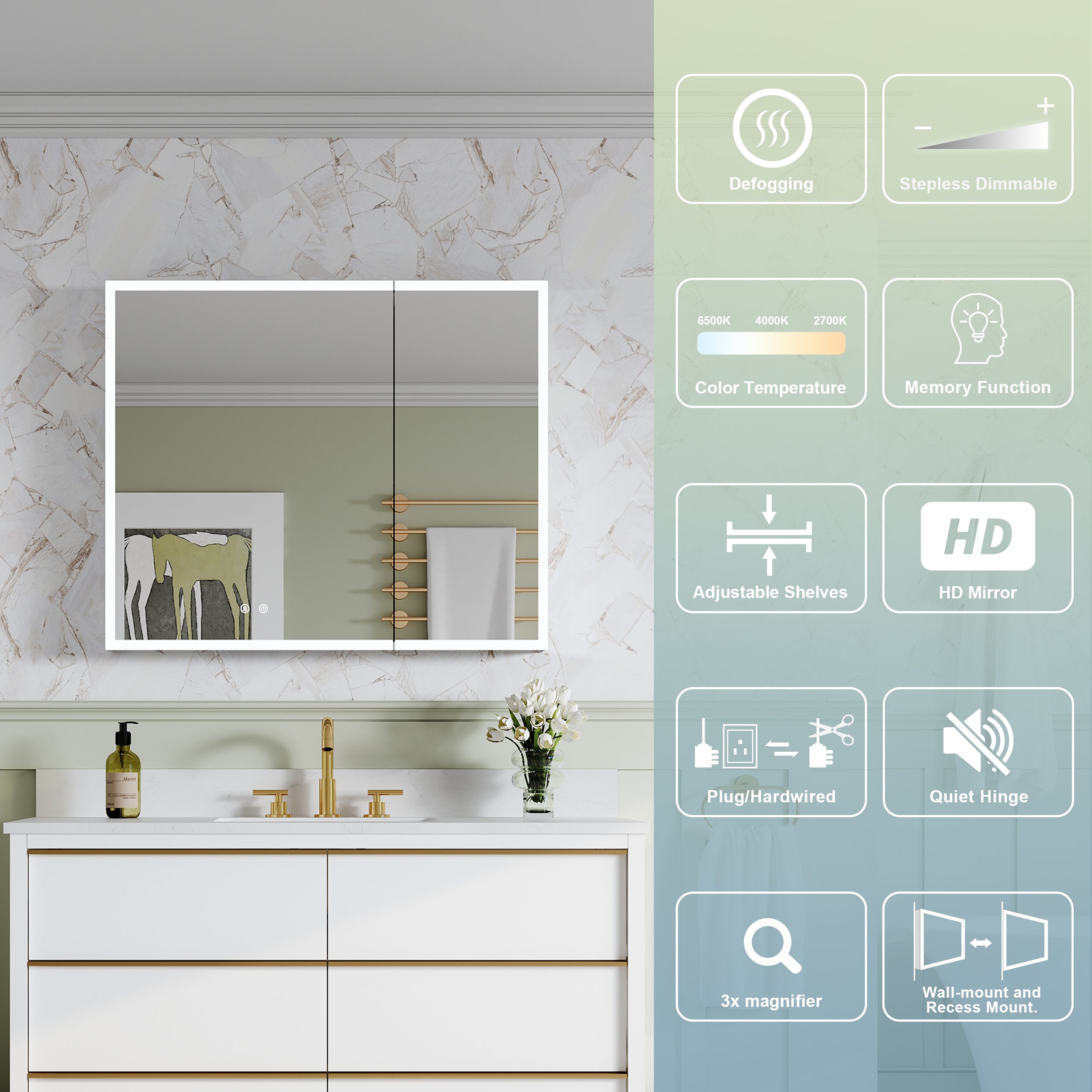 36 x 30 Inch LED Lighted Medicine Cabinet with 3x Magnifier Mirror, Recessed/Surface Mount