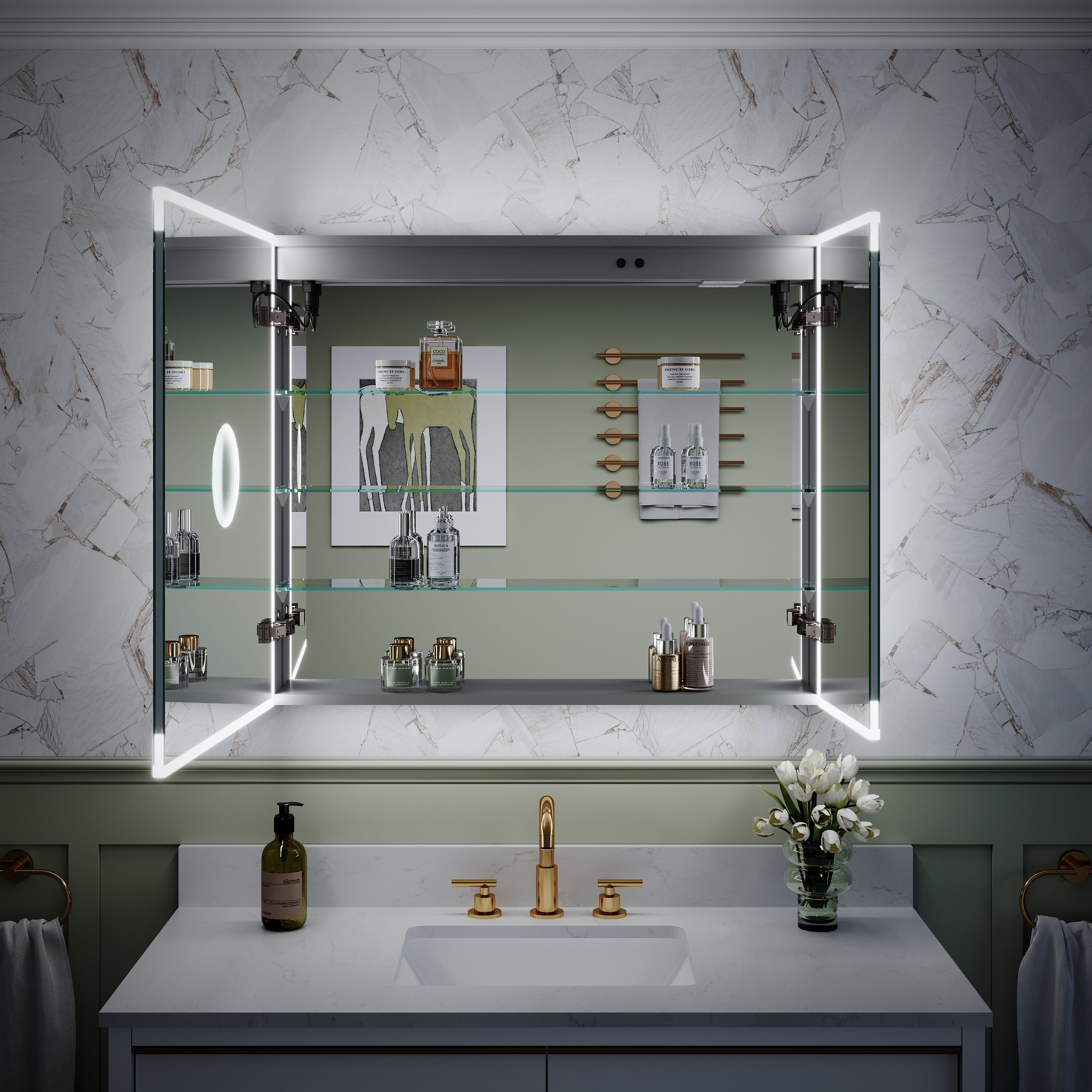 36 x 30 Inch LED Lighted Medicine Cabinet with 3x Magnifier Mirror, Recessed/Surface Mount