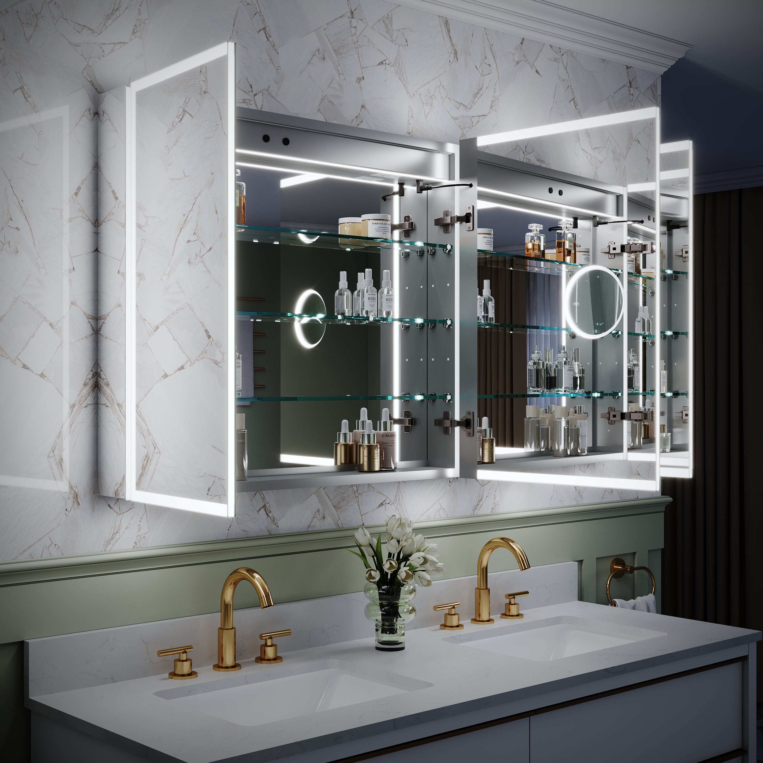 48 in. x 30 in. Rectangular Recessed/Surface Mount Medicine Cabinet with Mirror and LED Light