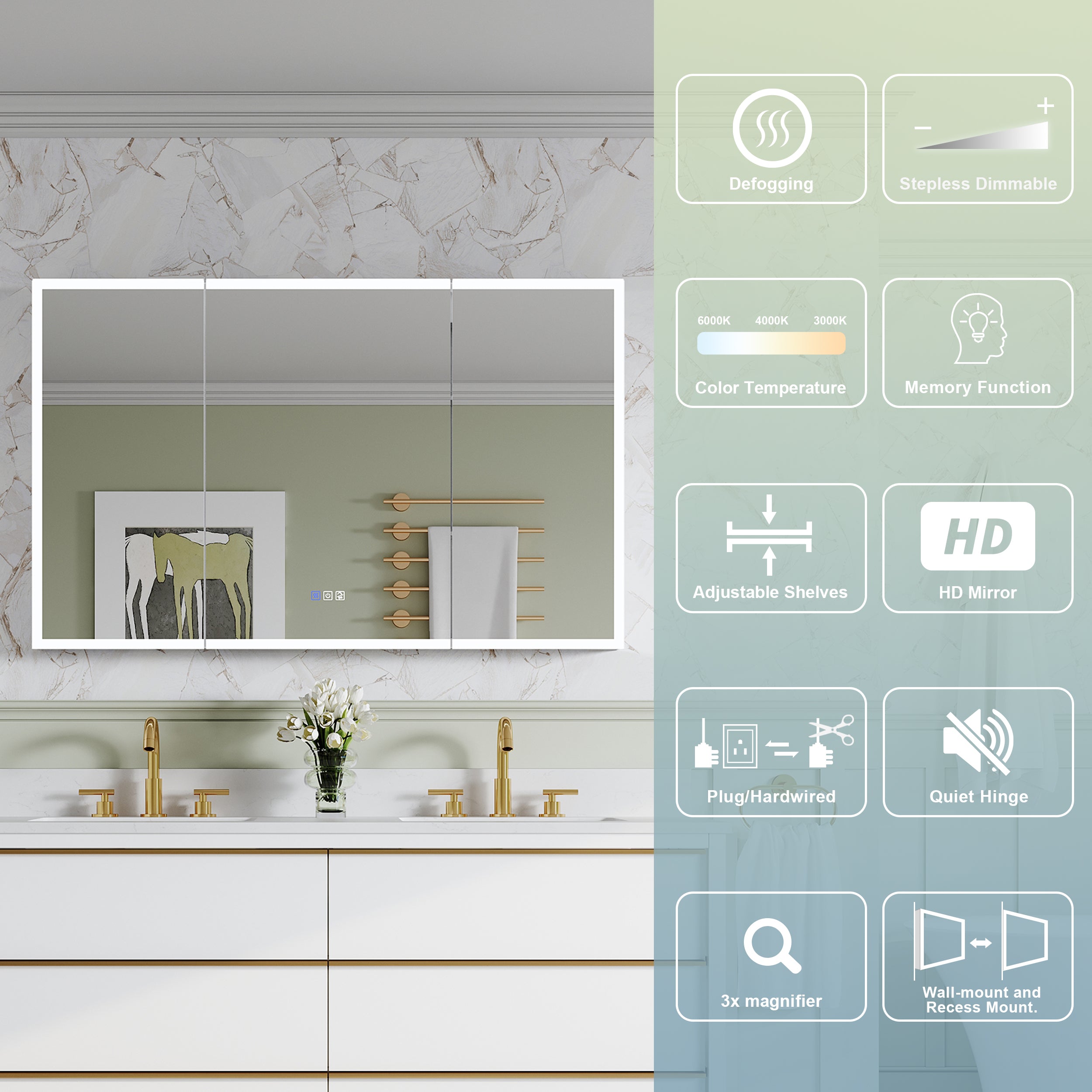 48 in. x 30 in. Rectangular Recessed/Surface Mount Medicine Cabinet with Mirror and LED Light