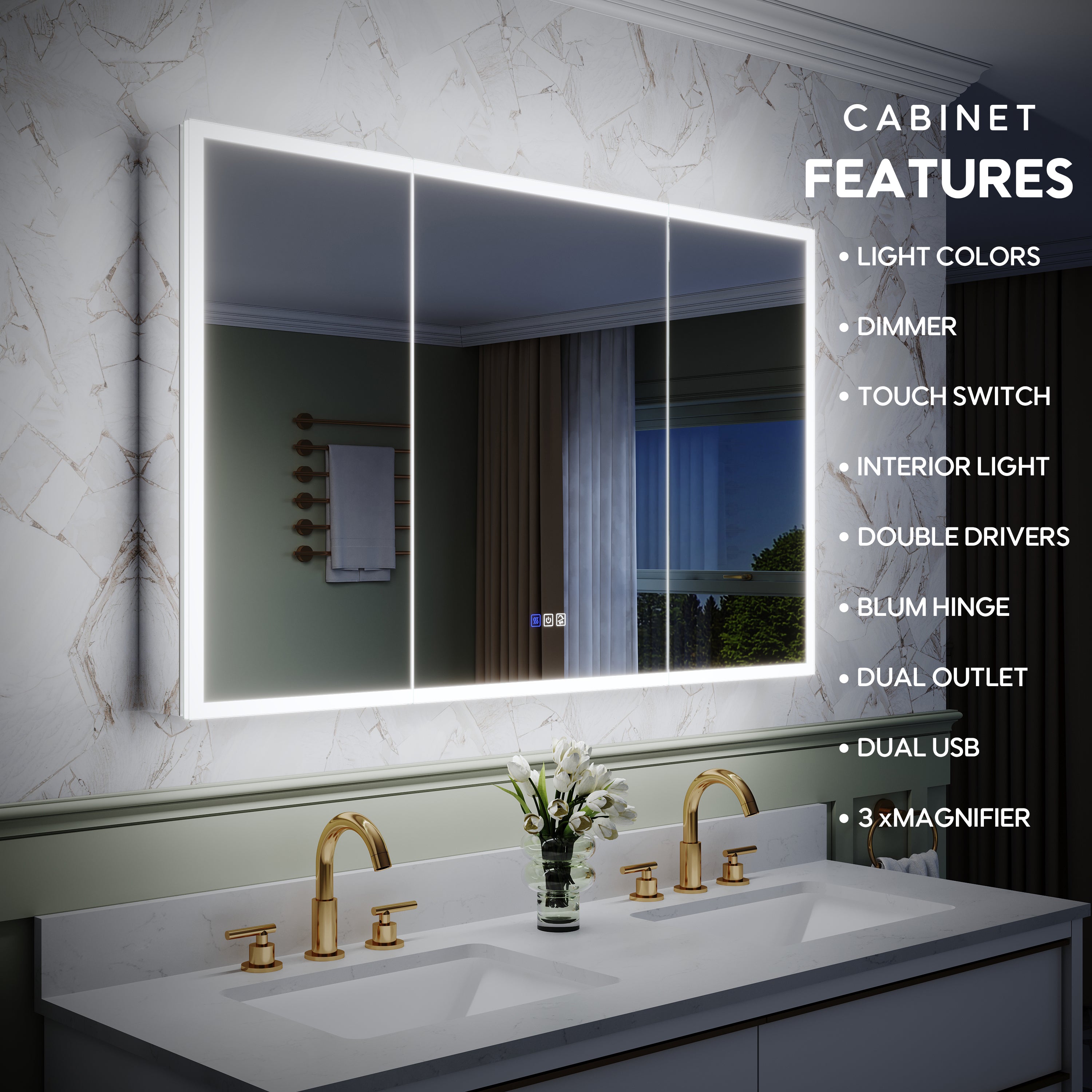 48 in. x 30 in. Rectangular Recessed/Surface Mount Medicine Cabinet with Mirror and LED Light