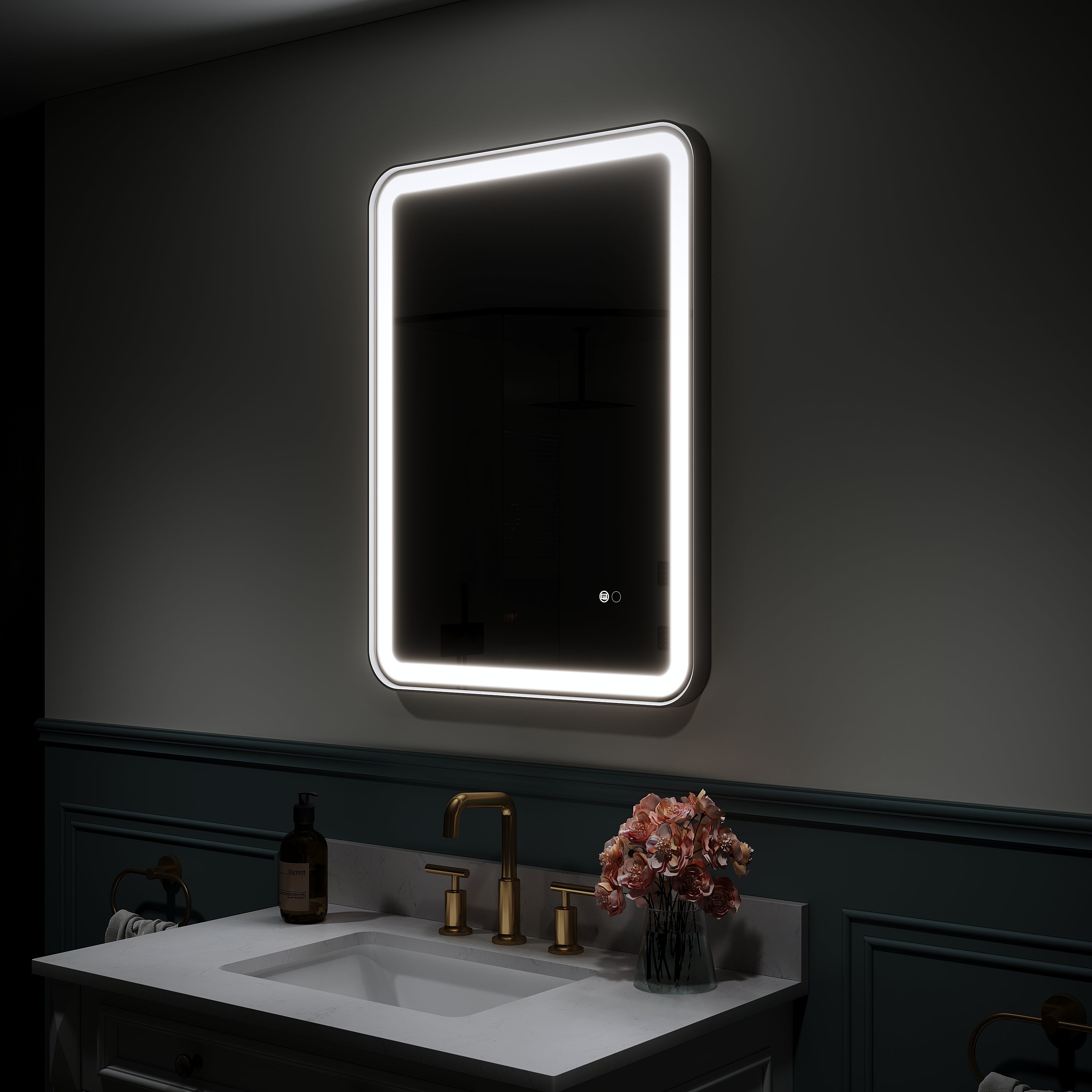 24 in. W x 32 in. H Framed LED Light Bathroom Vanity Mirror - Round Corners in Black
