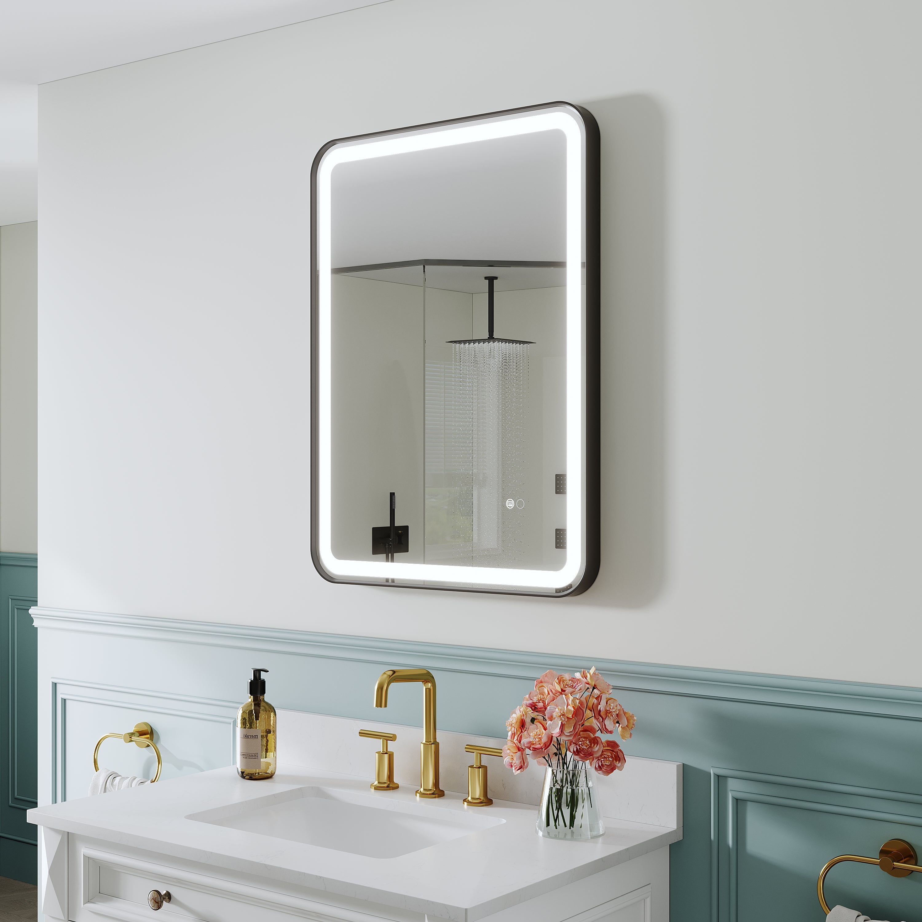 24 in. W x 32 in. H Framed LED Light Bathroom Vanity Mirror - Round Corners in Black