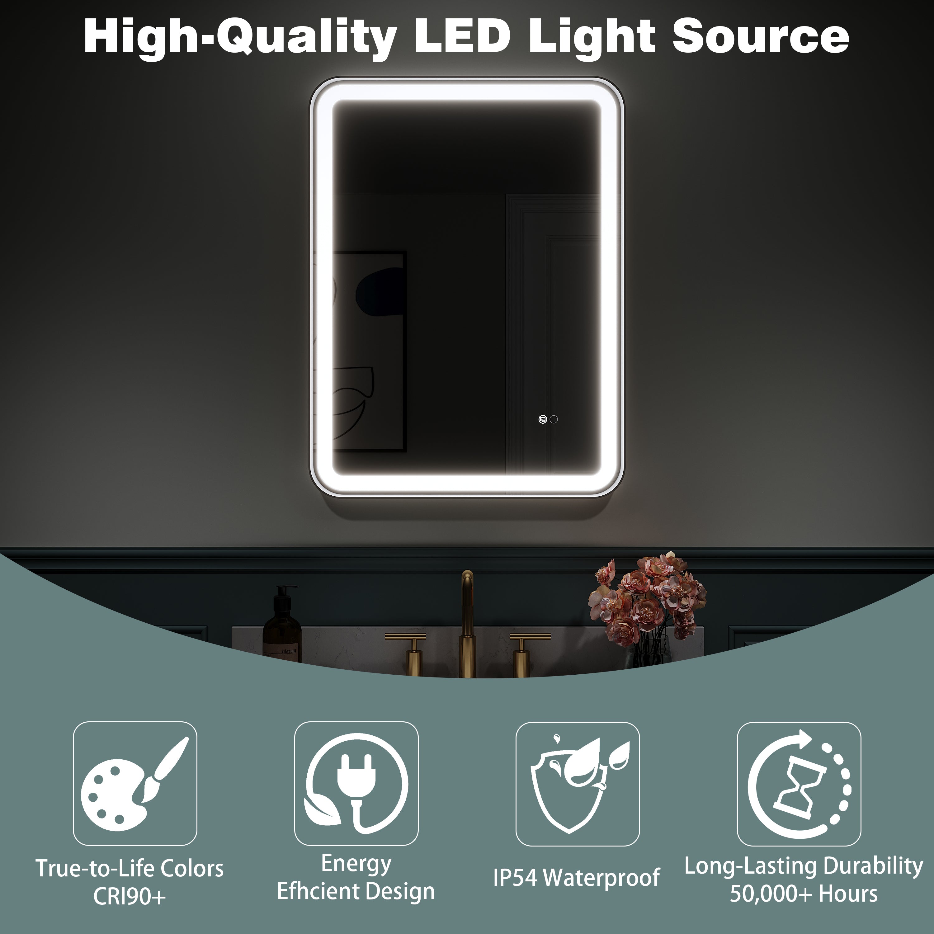 24 in. W x 32 in. H Framed LED Light Bathroom Vanity Mirror - Round Corners in Black