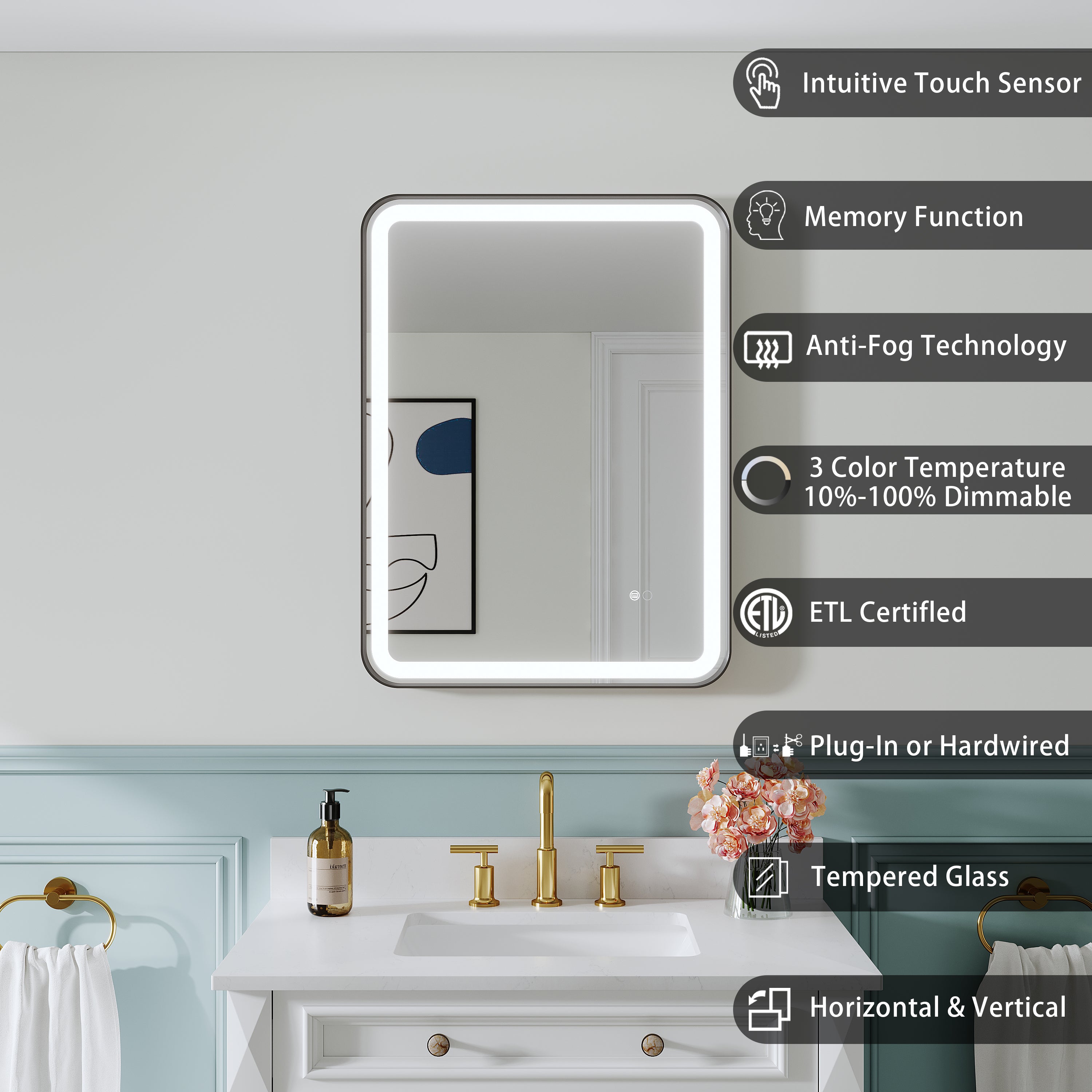 24 in. W x 32 in. H Framed LED Light Bathroom Vanity Mirror - Round Corners in Black