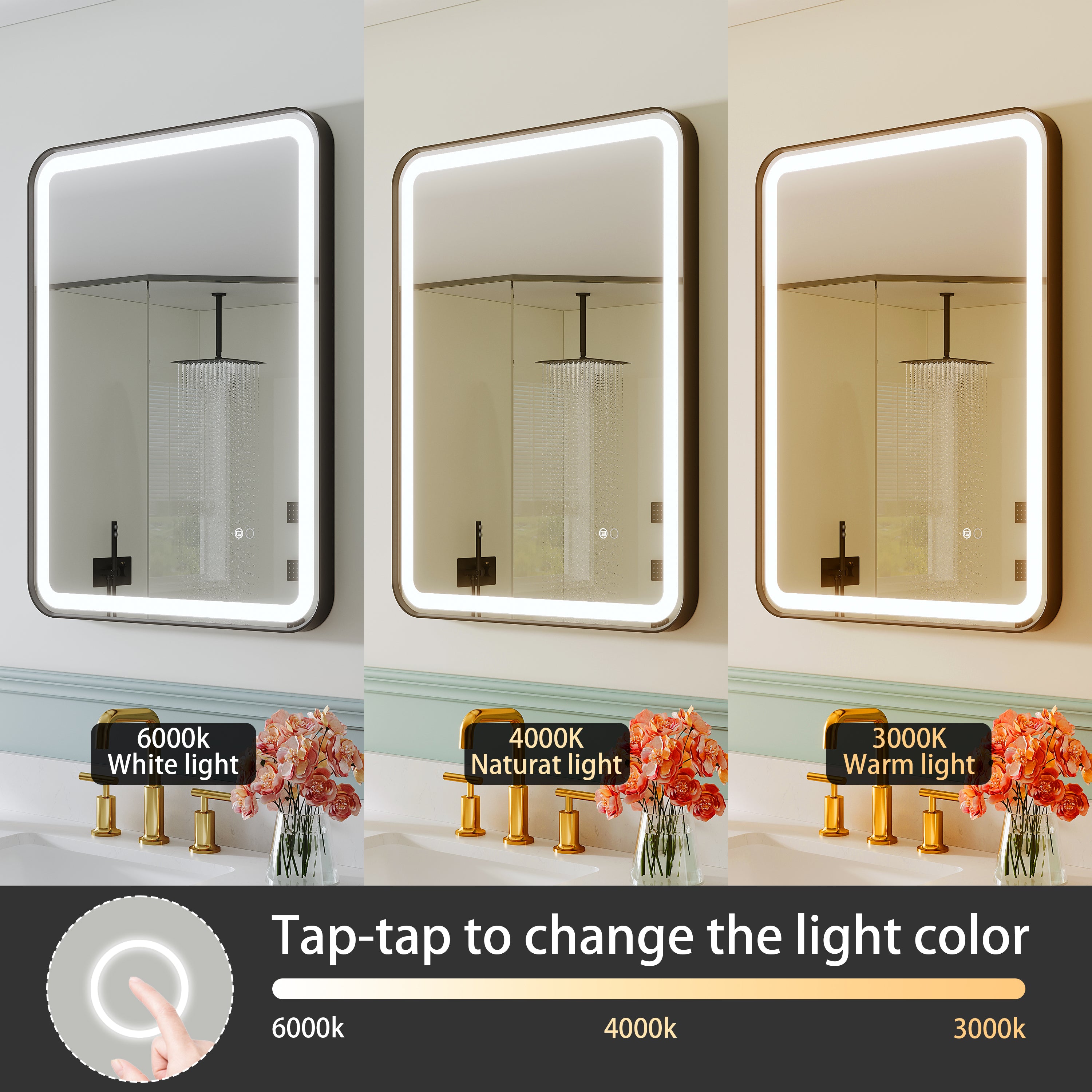 24 in. W x 32 in. H Framed LED Light Bathroom Vanity Mirror - Round Corners in Black