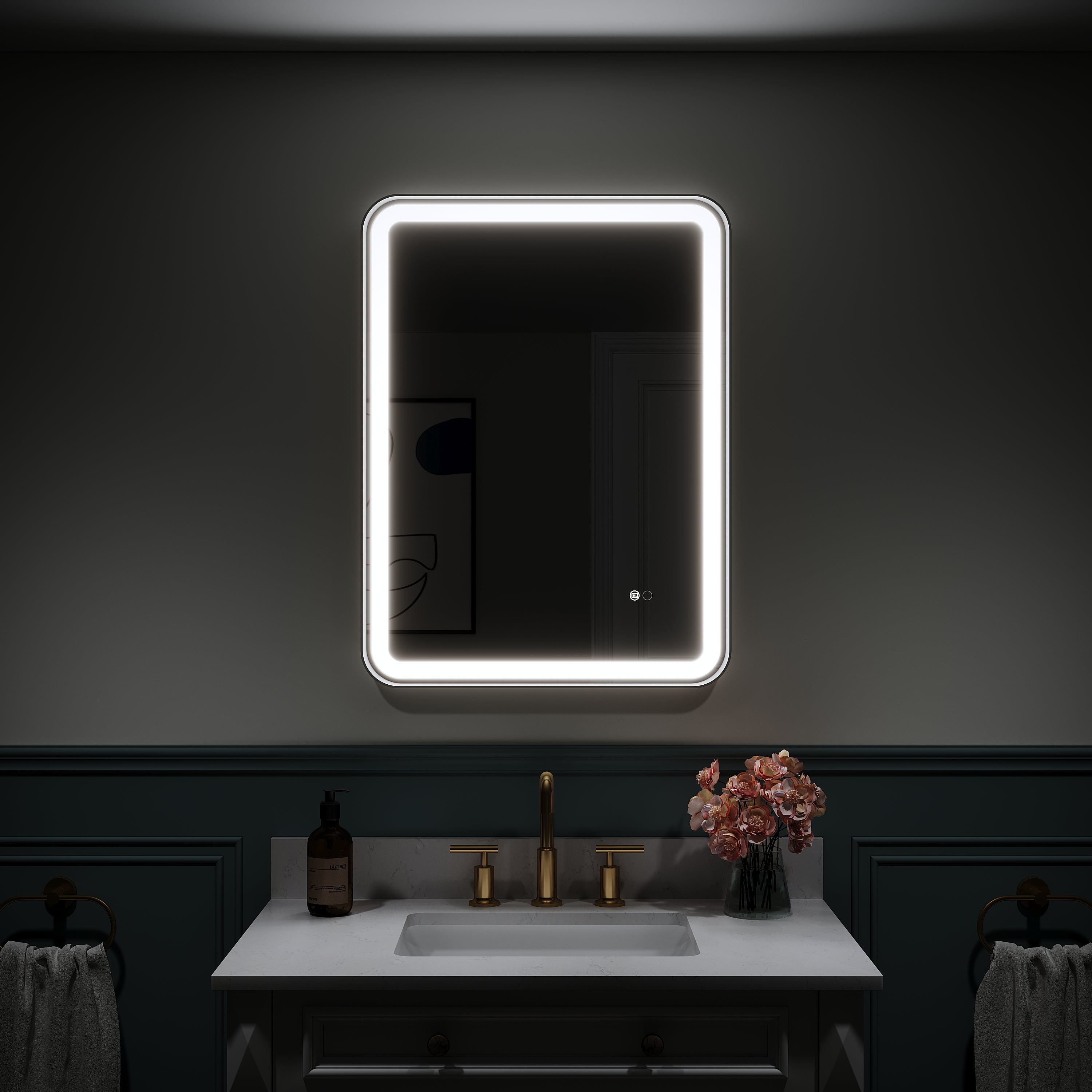 24 in. W x 32 in. H Framed LED Light Bathroom Vanity Mirror - Round Corners in Black