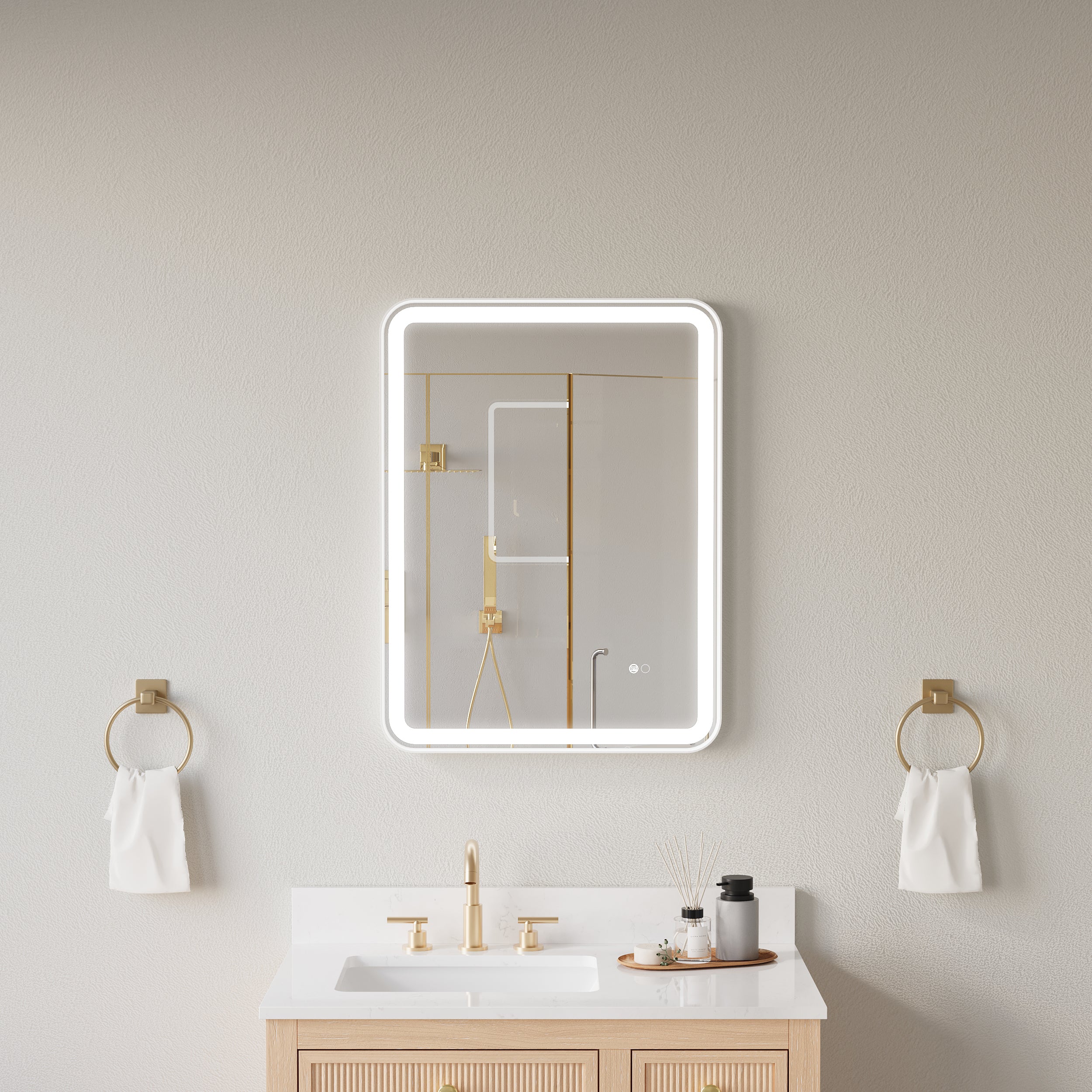 24 in. W x 32 in. H Framed LED Light Bathroom Vanity Mirror - Round Corners in White