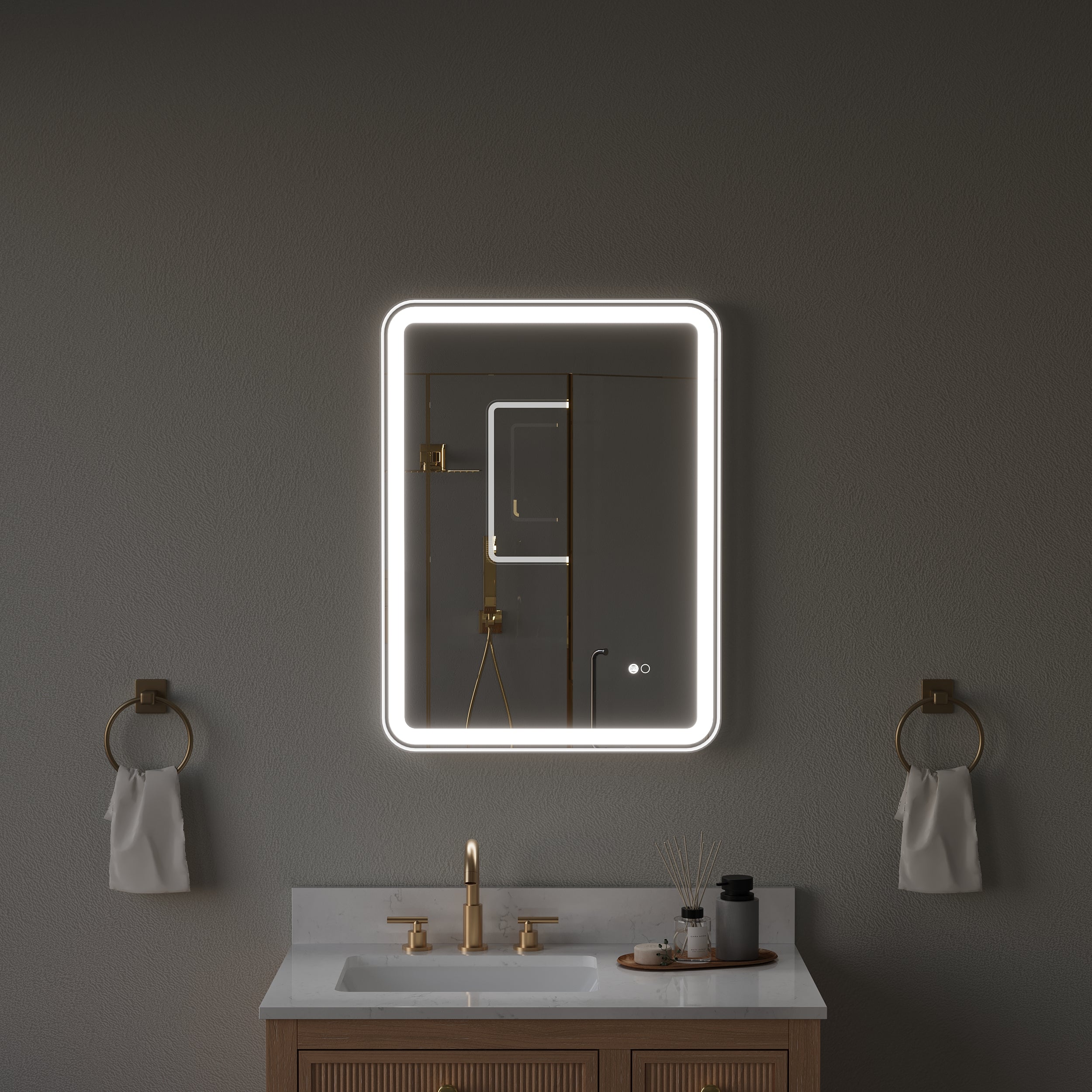 24 in. W x 32 in. H Framed LED Light Bathroom Vanity Mirror - Round Corners in White