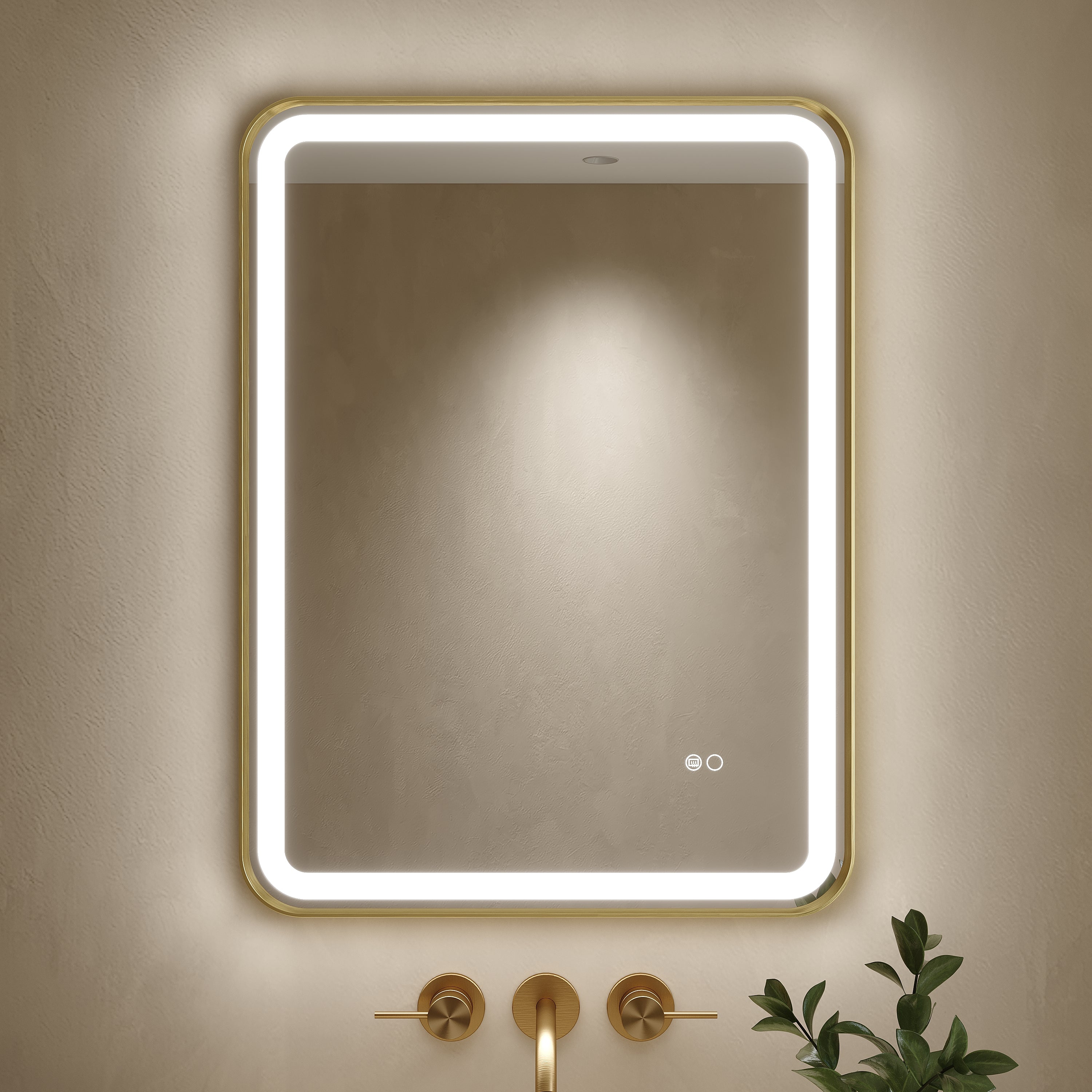 28 in. x 36 in. Framed LED Bathroom Mirror in Brushed Gold with Rounded Corners, Dimmable Lighted, Anti-Fog
