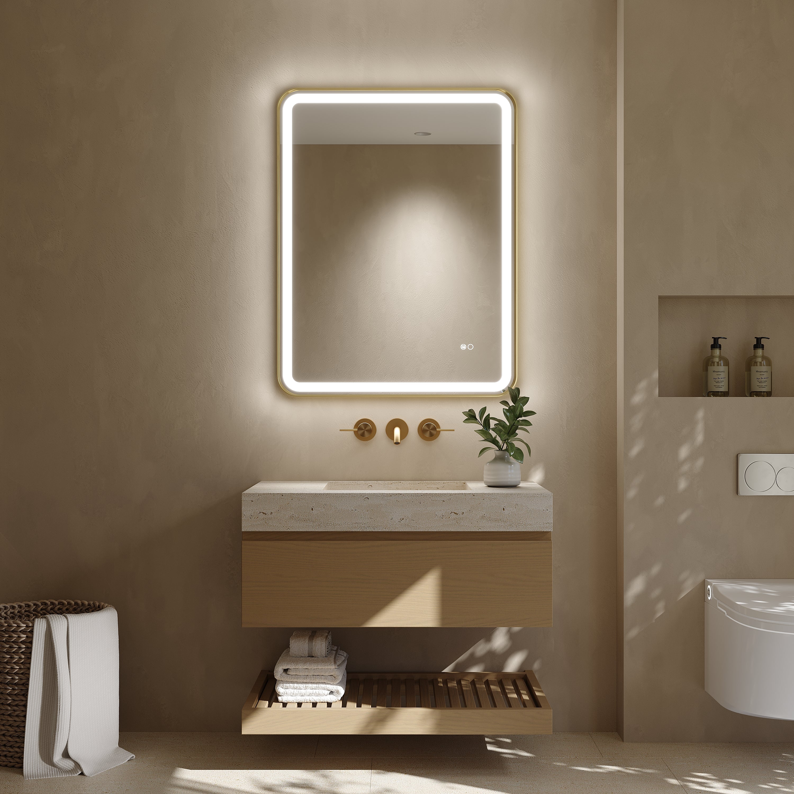 28 in. x 36 in. Framed LED Bathroom Mirror in Brushed Gold with Rounded Corners, Dimmable Lighted, Anti-Fog