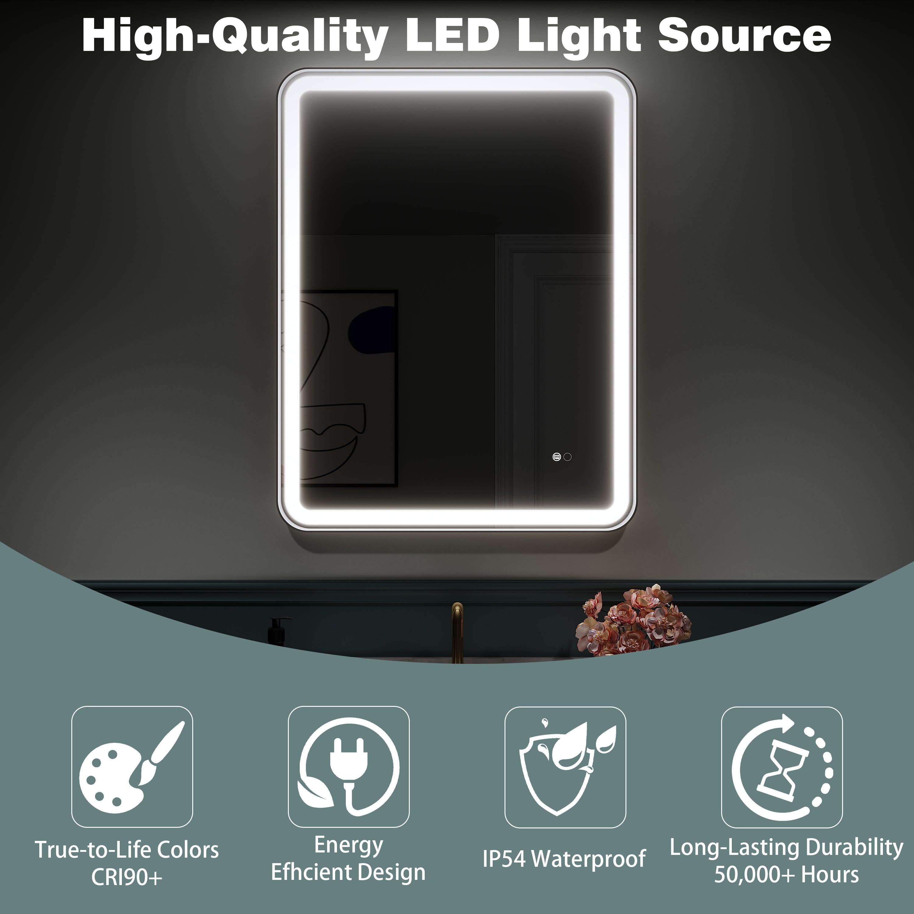 28 in. W x 36 in. H Framed LED Light Bathroom Vanity Mirror- Round Corners in Black