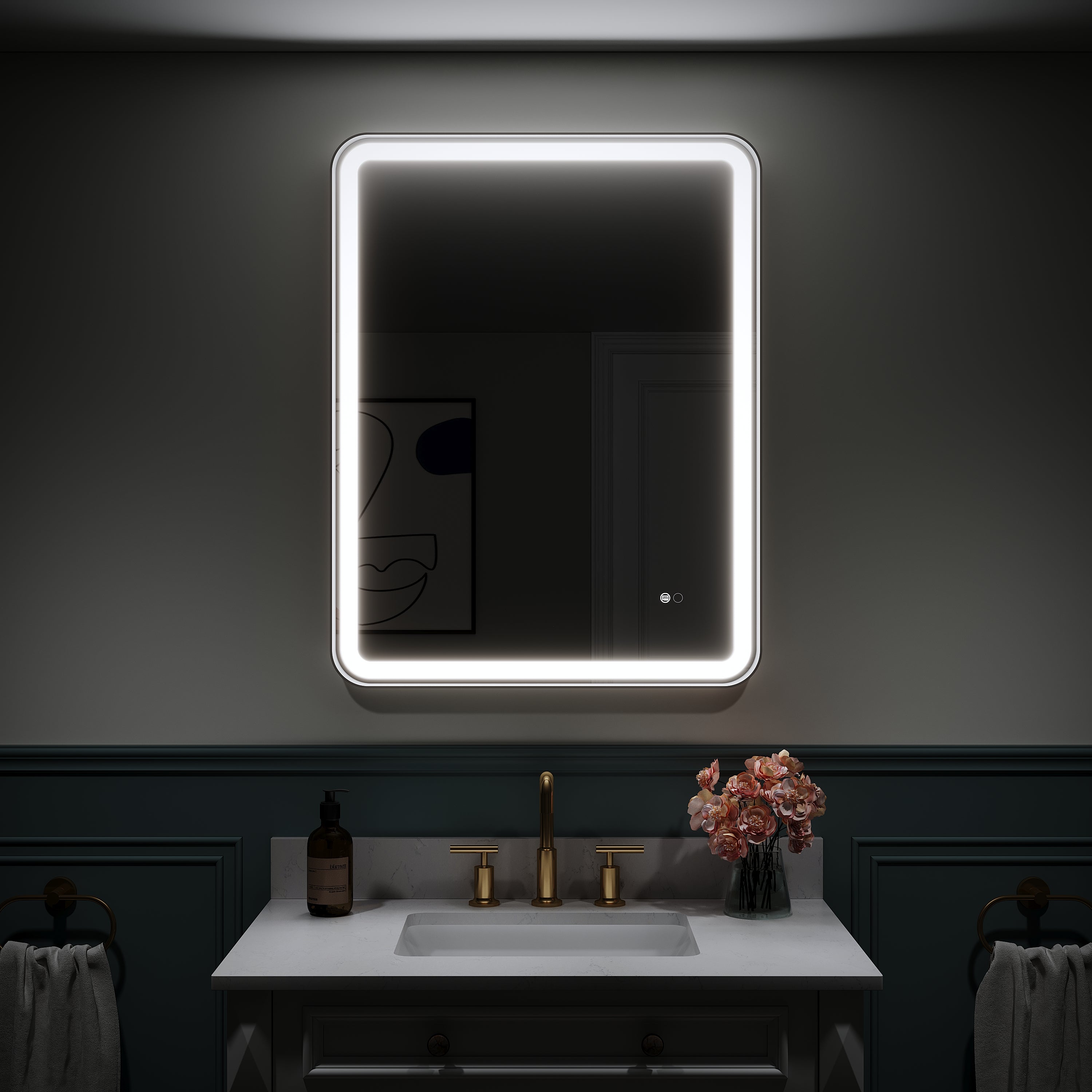 28 in. W x 36 in. H Framed LED Light Bathroom Vanity Mirror- Round Corners in Black