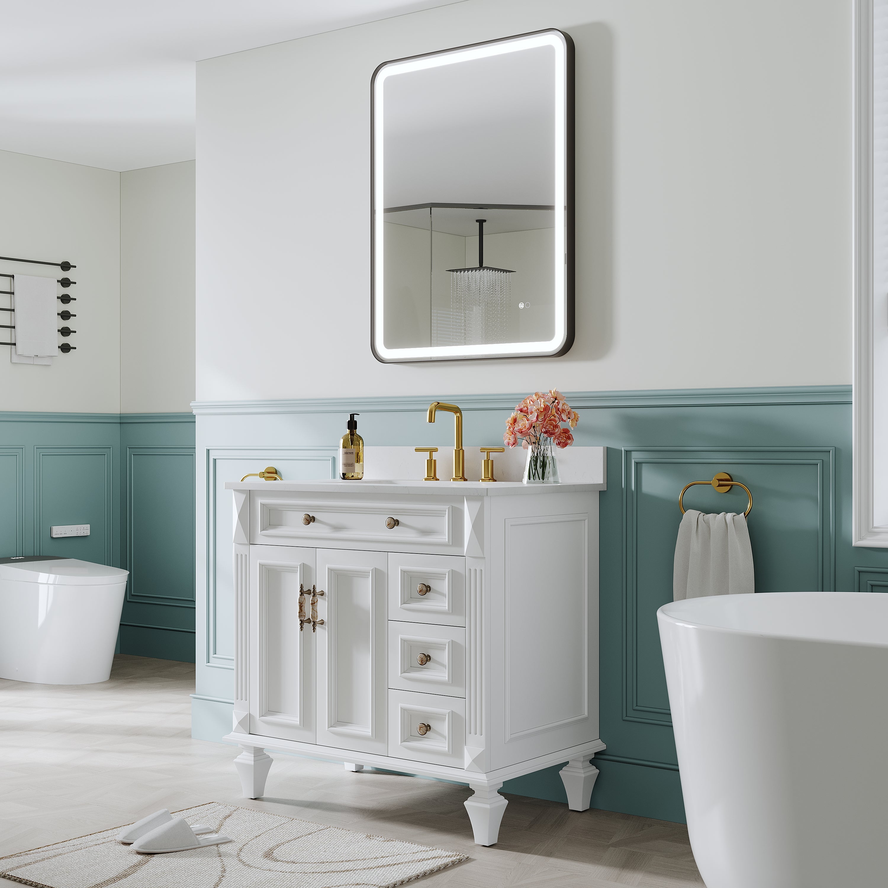 28 in. W x 36 in. H Framed LED Light Bathroom Vanity Mirror- Round Corners in Black
