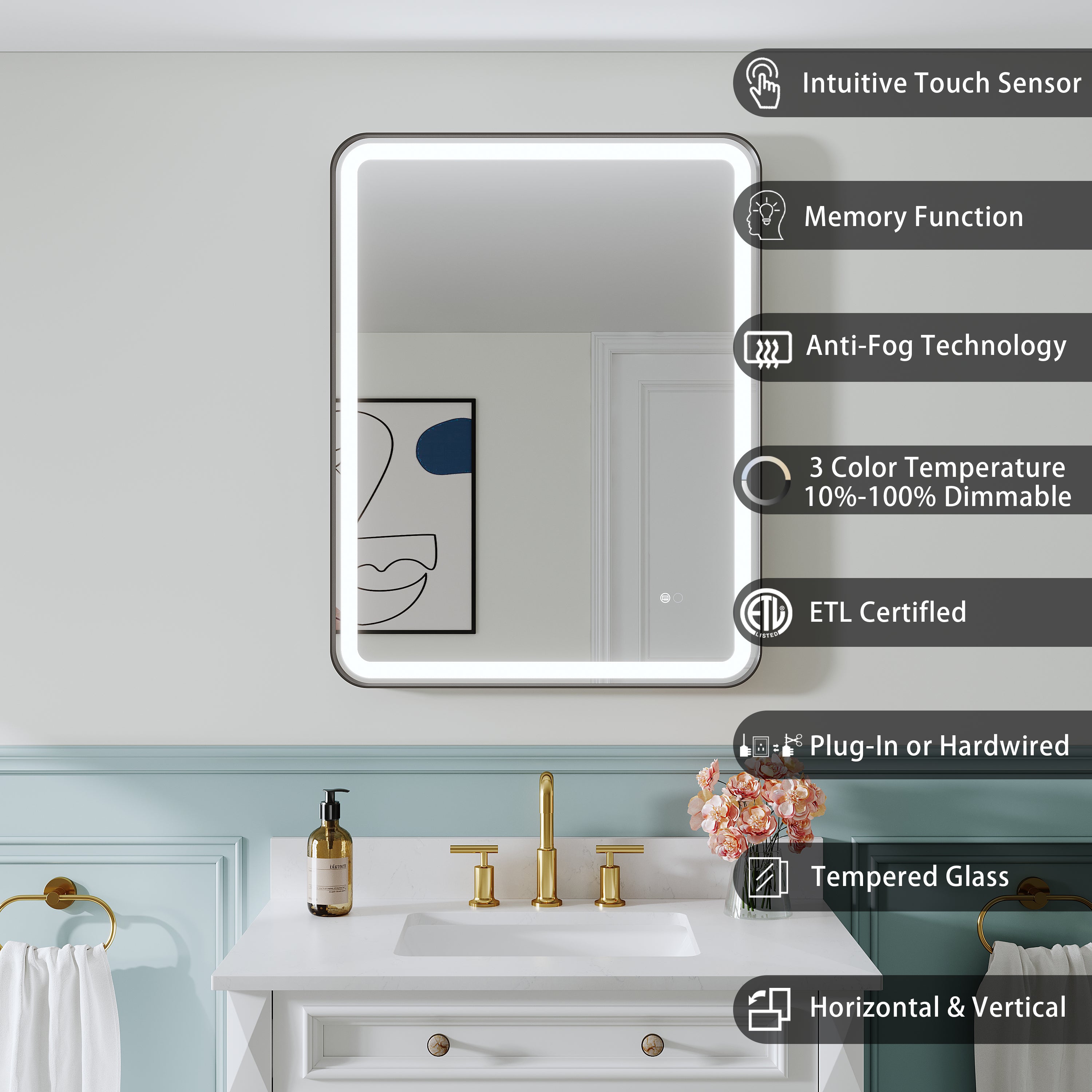 28 in. W x 36 in. H Framed LED Light Bathroom Vanity Mirror- Round Corners in Black