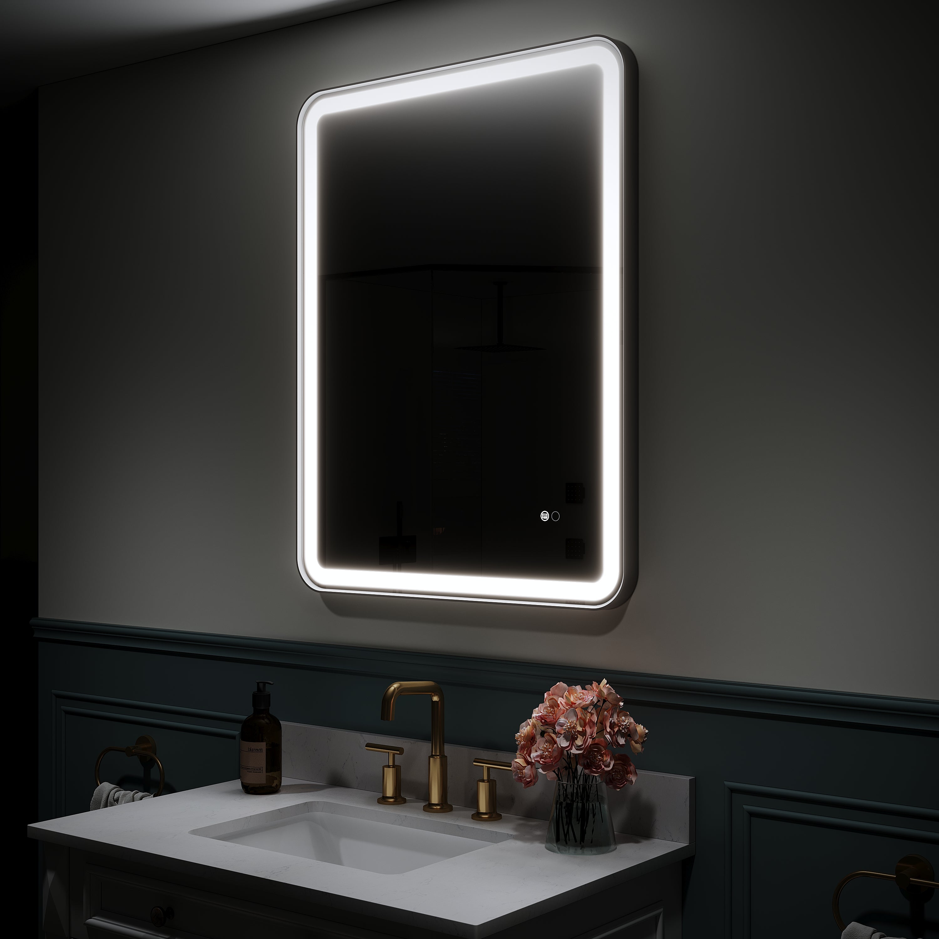 28 in. W x 36 in. H Framed LED Light Bathroom Vanity Mirror- Round Corners in Black