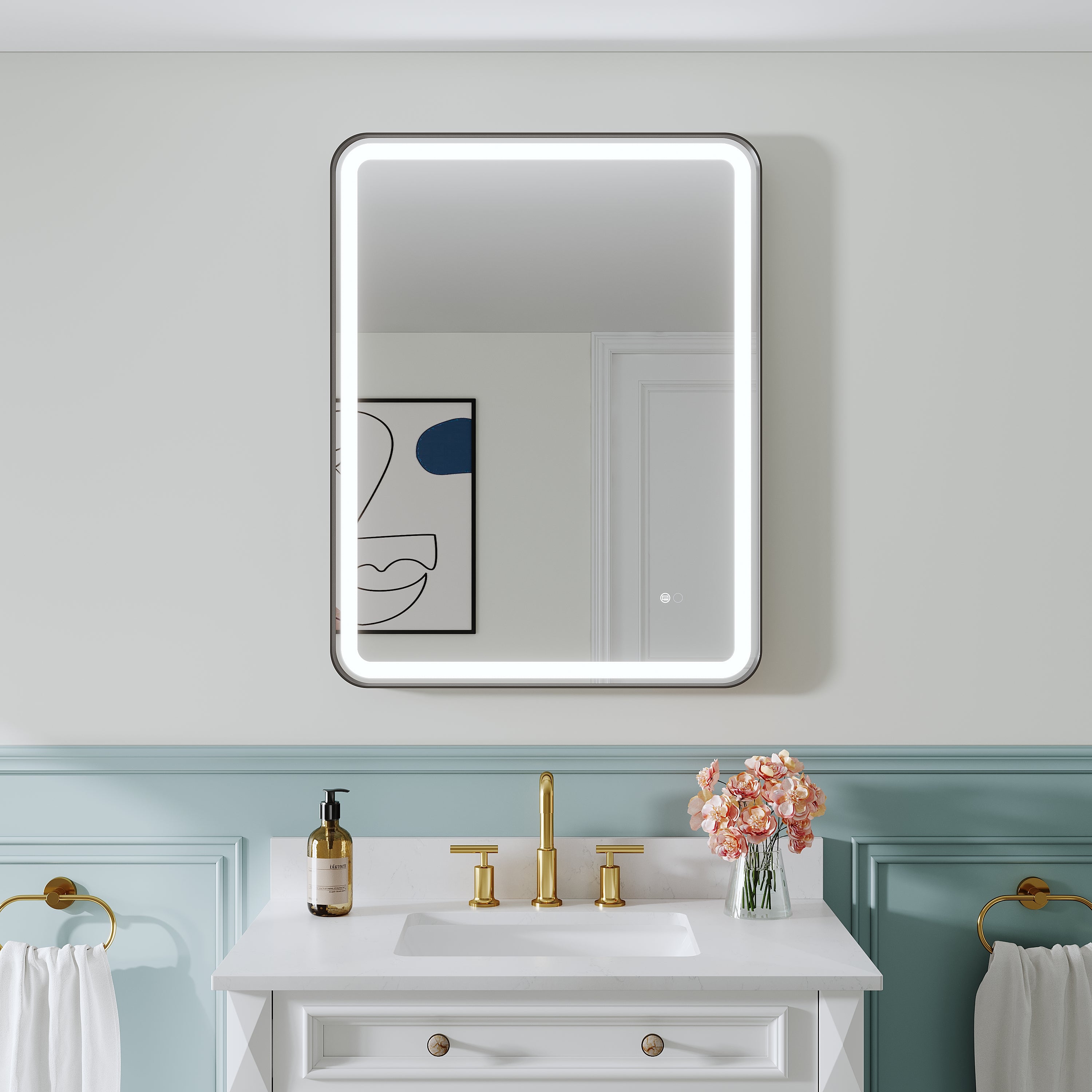 28 in. W x 36 in. H Framed LED Light Bathroom Vanity Mirror- Round Corners in Black