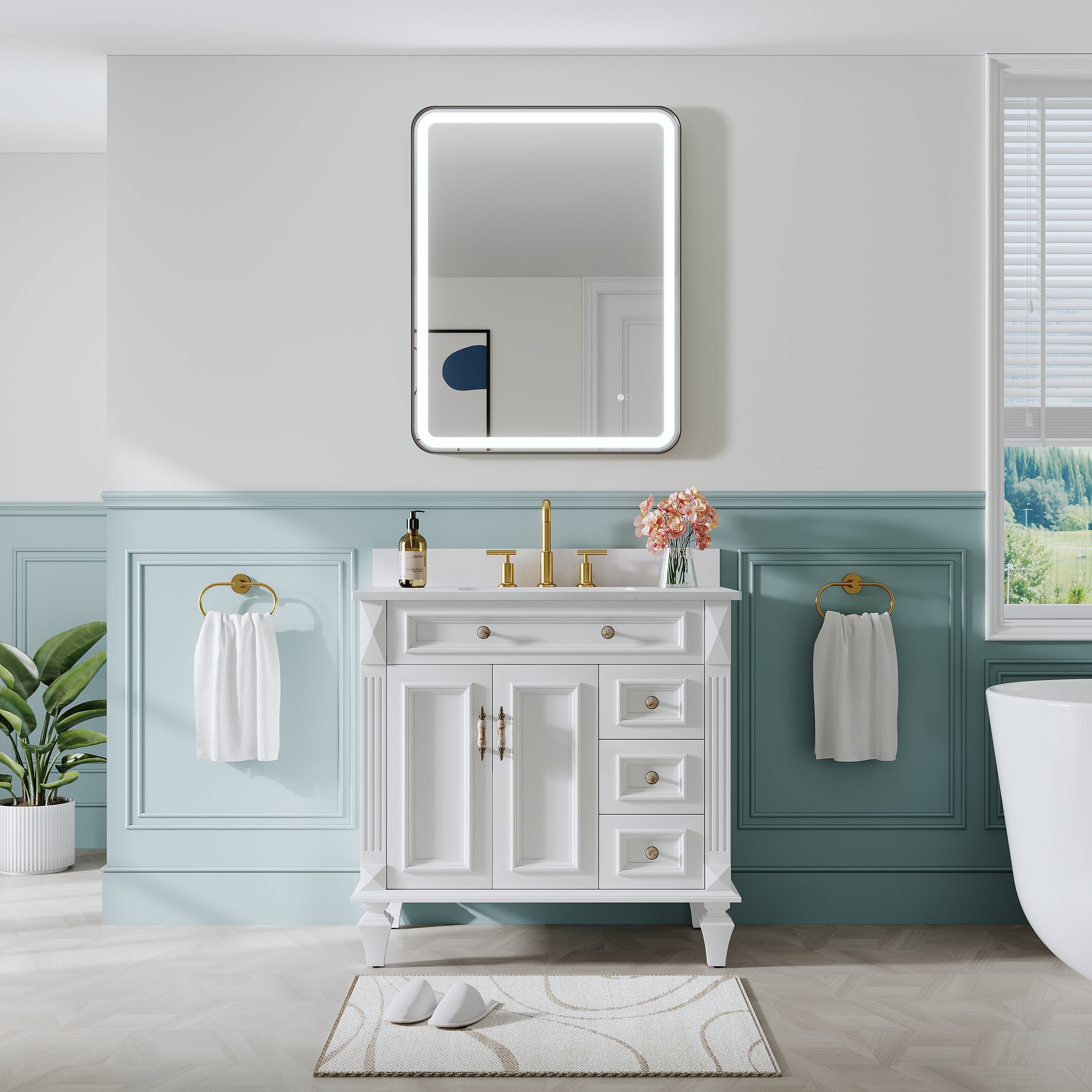 28 in. W x 36 in. H Framed LED Light Bathroom Vanity Mirror- Round Corners in Black