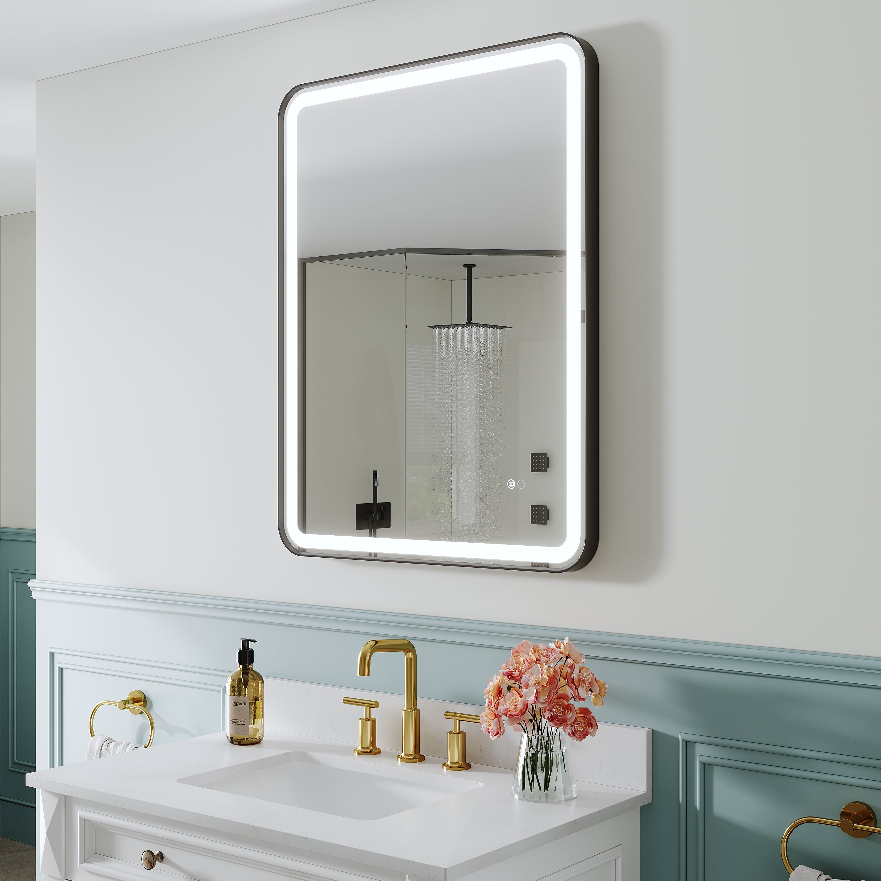 28 in. W x 36 in. H Framed LED Light Bathroom Vanity Mirror- Round Corners in Black