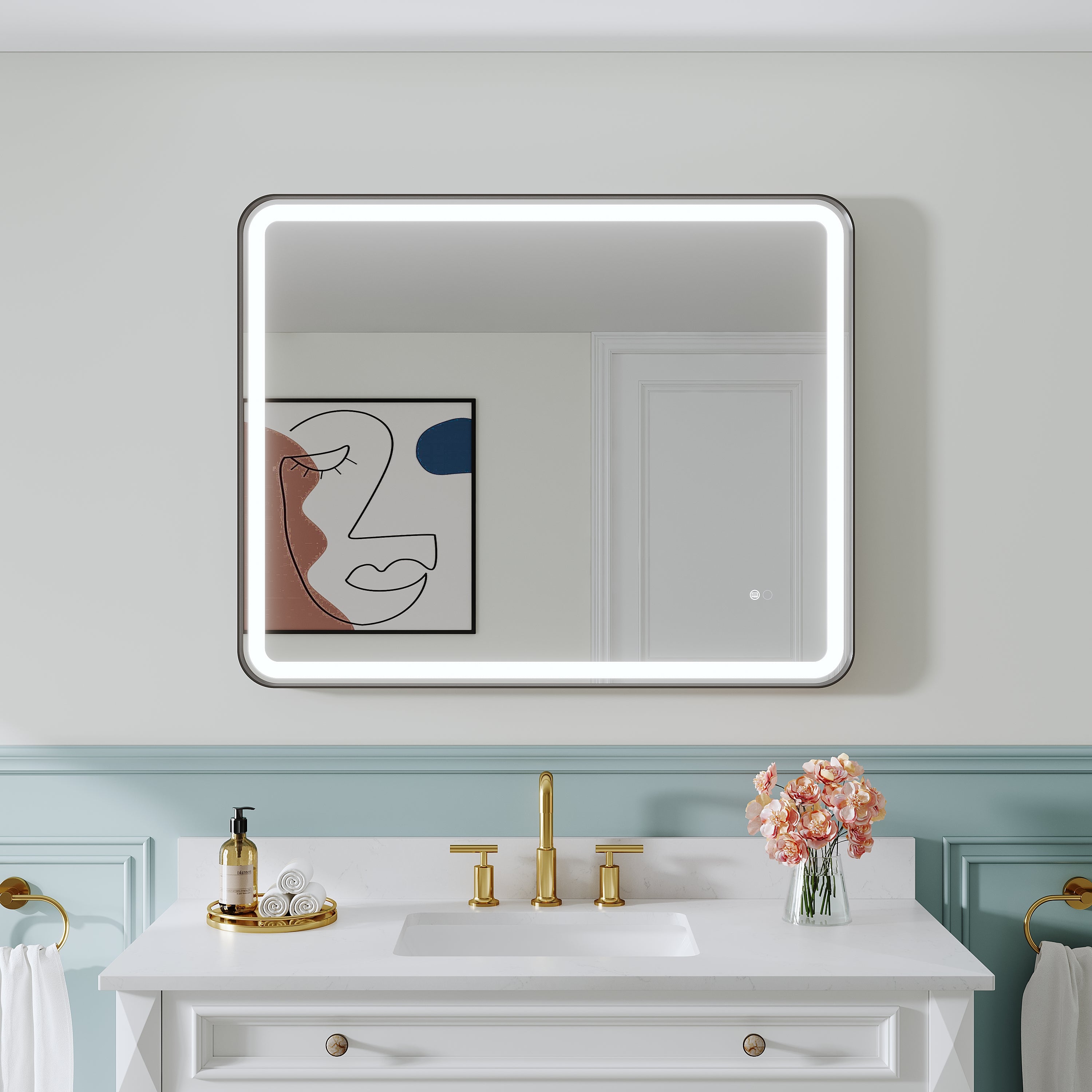 40 in. W x 32 in. H Framed LED Light Bathroom Vanity Mirror - Round Corners in Black