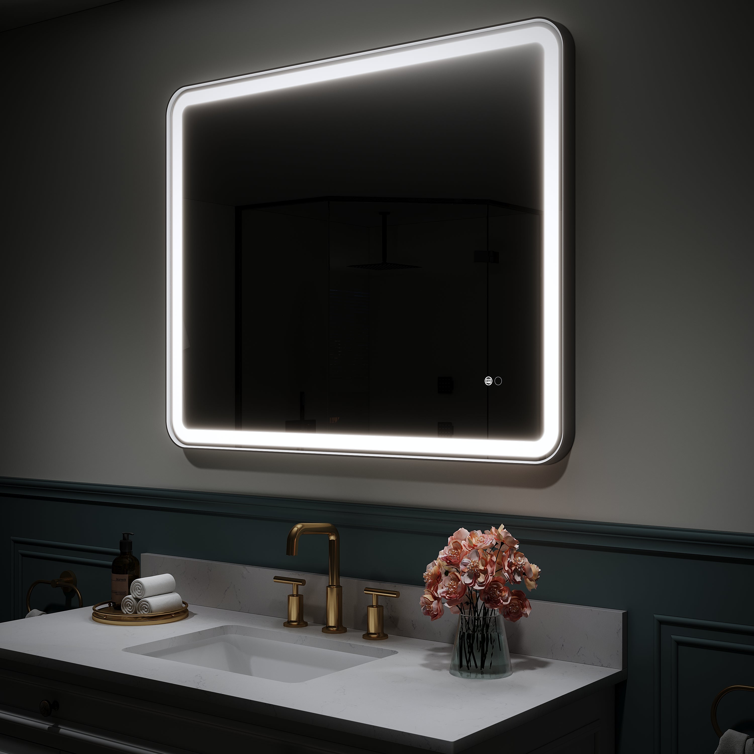 40 in. W x 32 in. H Framed LED Light Bathroom Vanity Mirror - Round Corners in Black