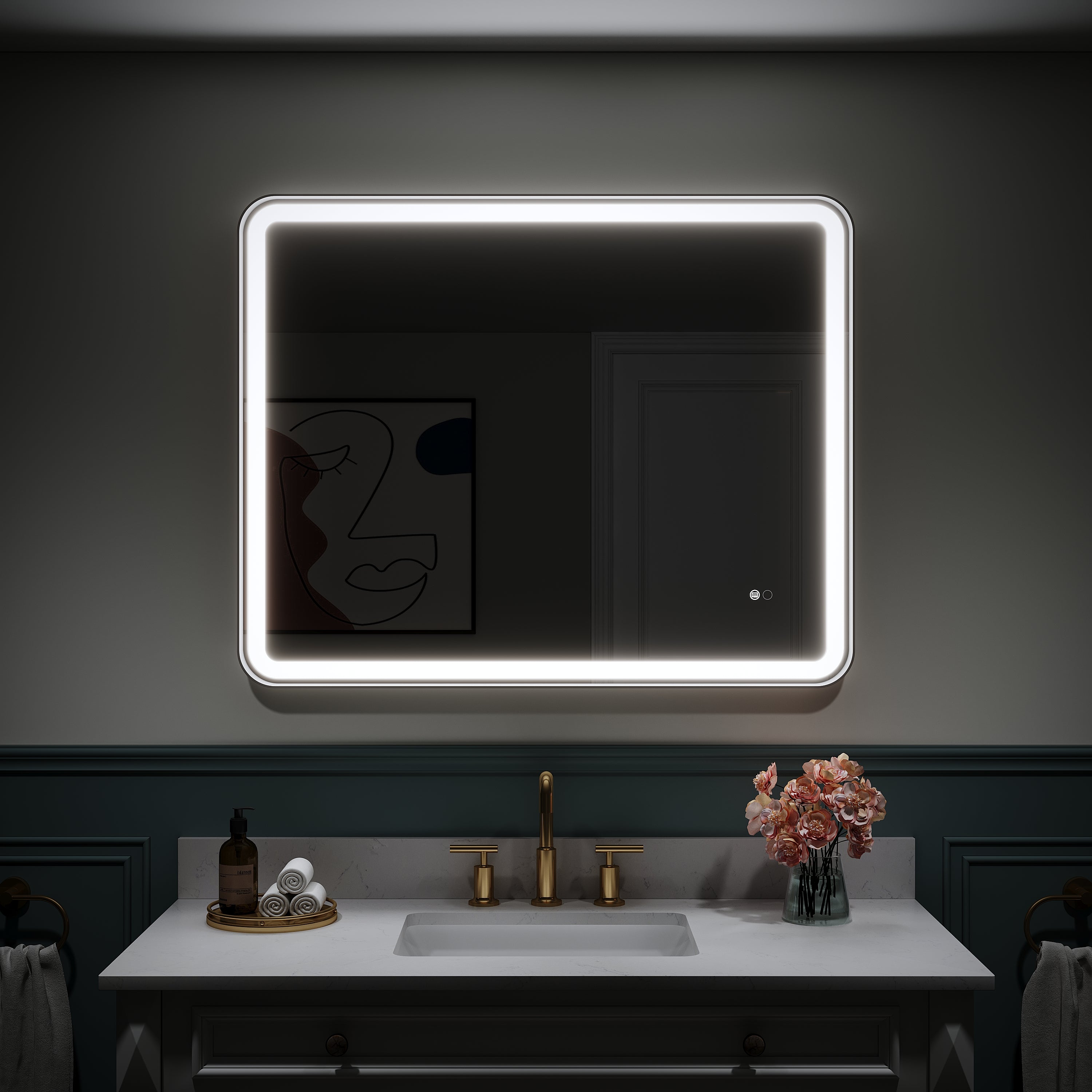 40 in. W x 32 in. H Framed LED Light Bathroom Vanity Mirror - Round Corners in Black