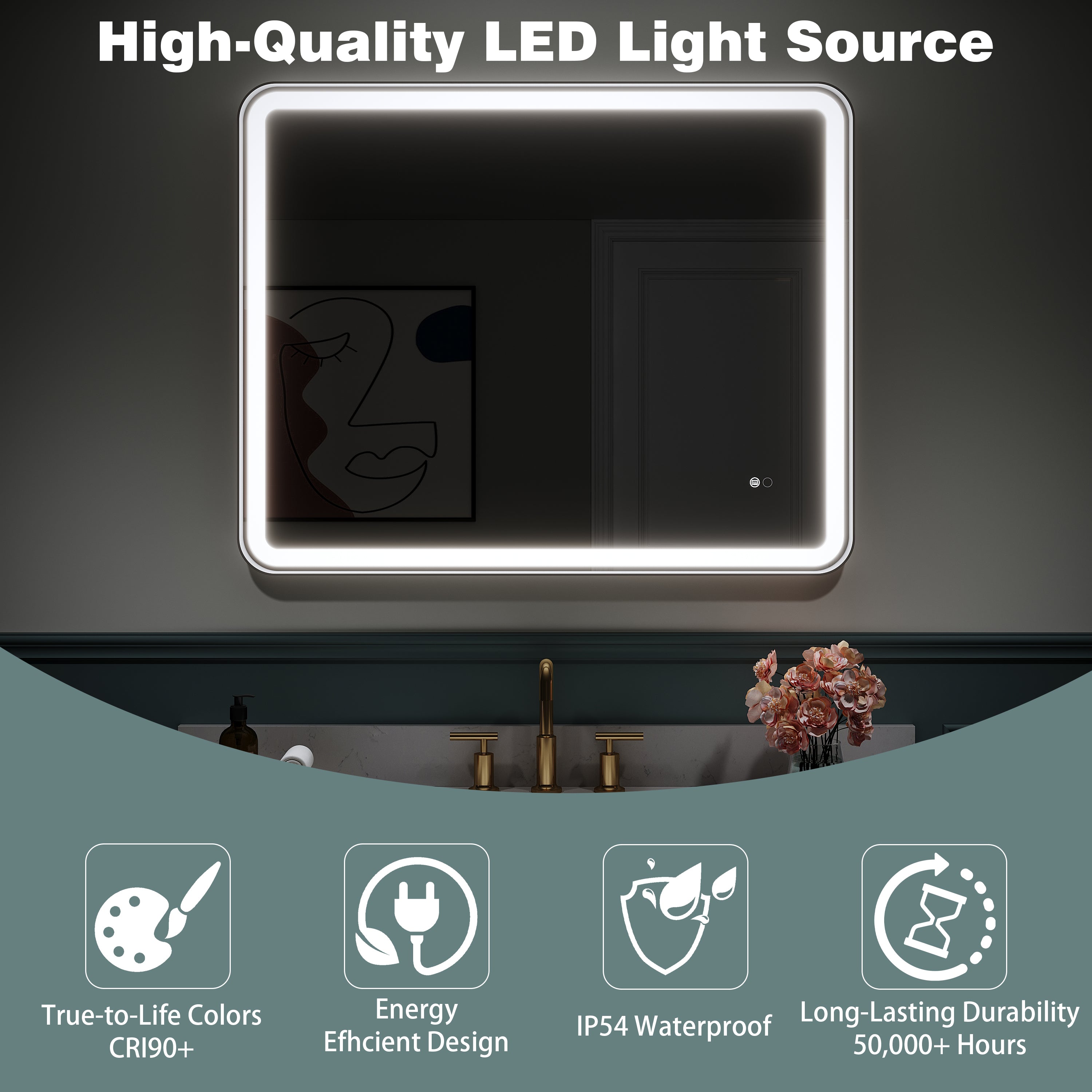 40 in. W x 32 in. H Framed LED Light Bathroom Vanity Mirror - Round Corners in Black