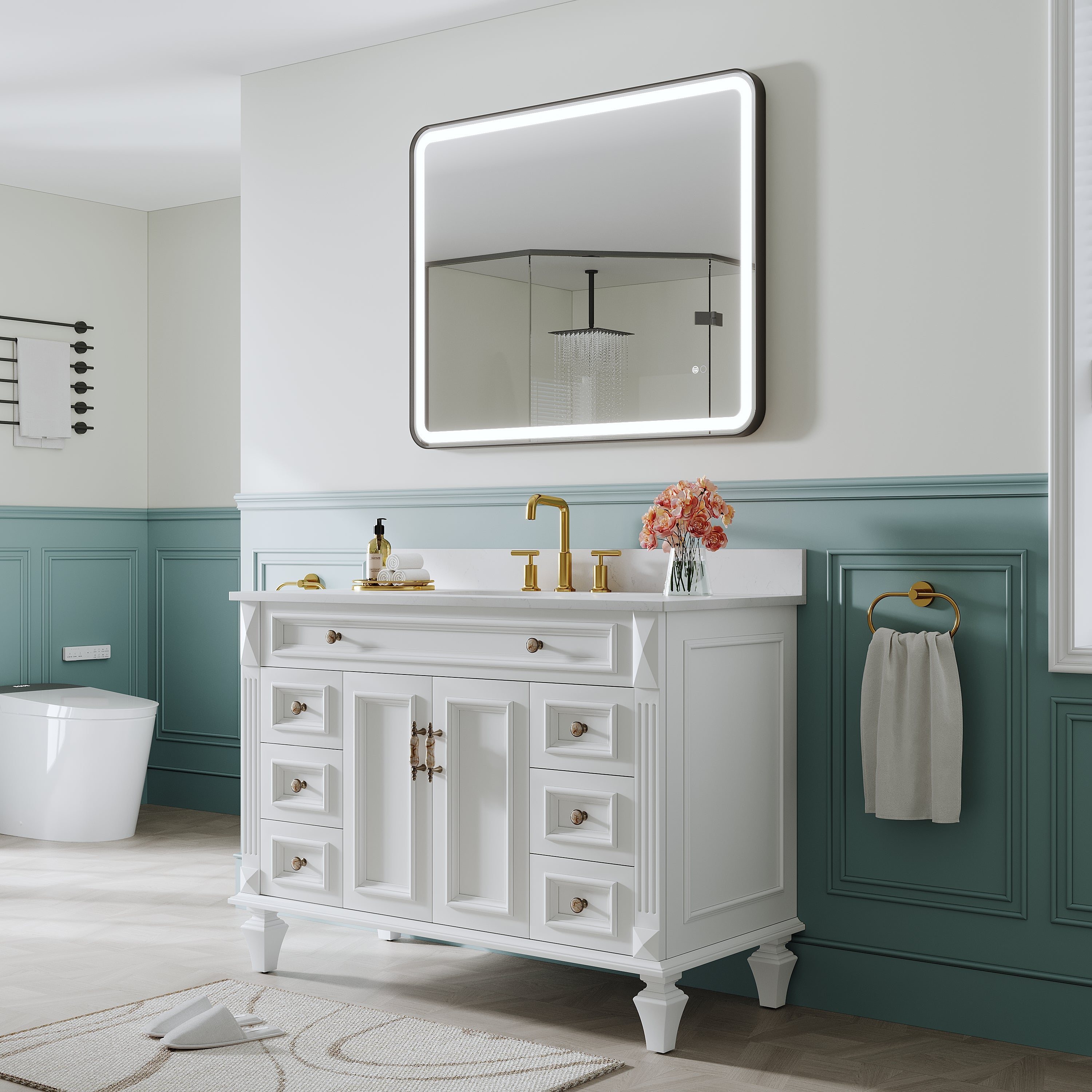 40 in. W x 32 in. H Framed LED Light Bathroom Vanity Mirror - Round Corners in Black