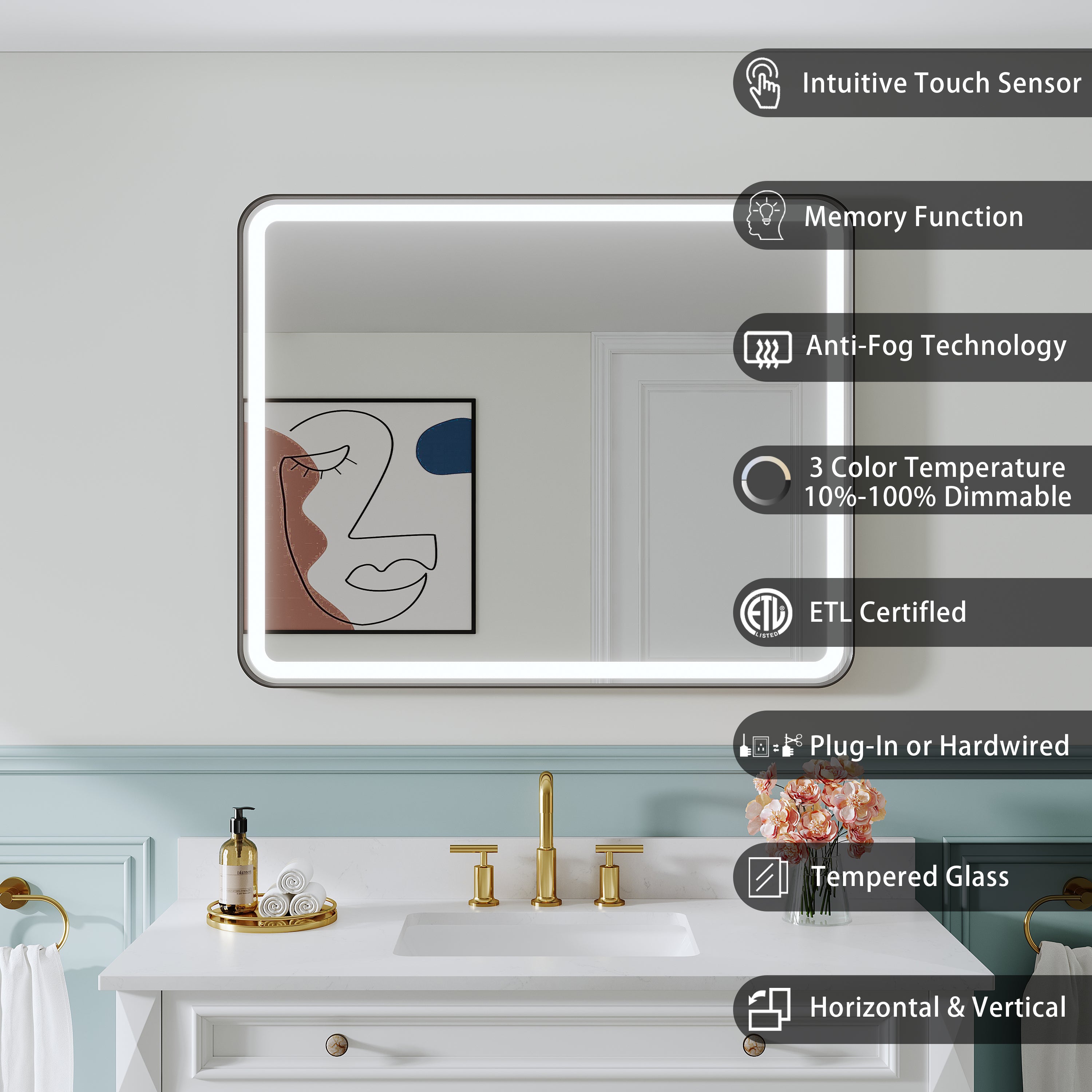 40 in. W x 32 in. H Framed LED Light Bathroom Vanity Mirror - Round Corners in Black