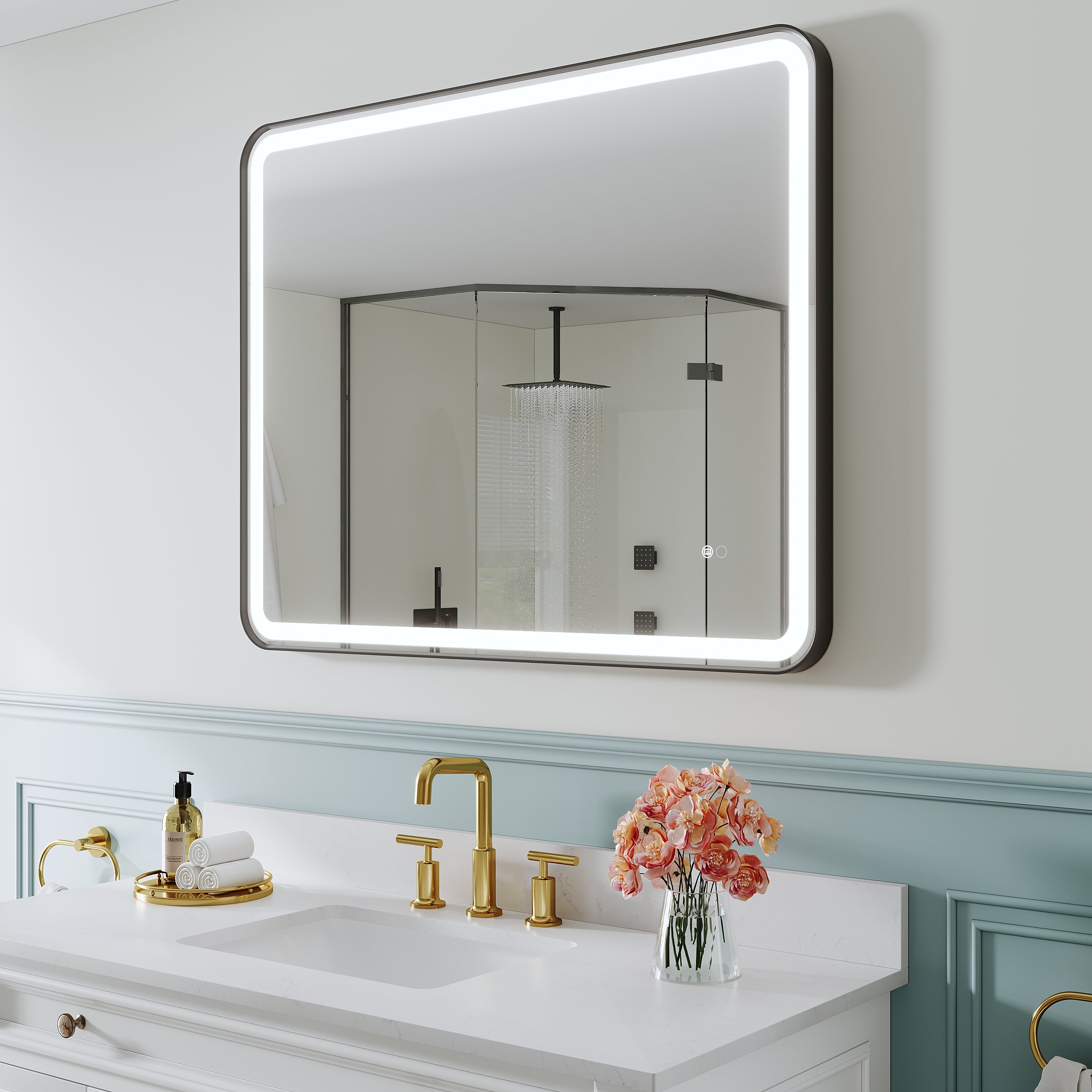 40 in. W x 32 in. H Framed LED Light Bathroom Vanity Mirror - Round Corners in Black
