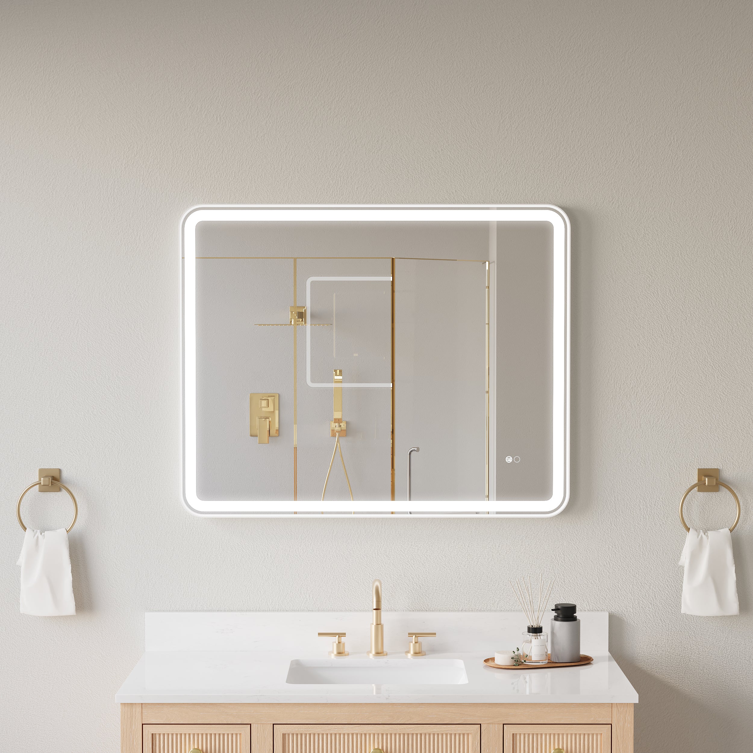 40 in. W x 32 in. H Framed LED Light Bathroom Vanity Mirror- Round Corners in White