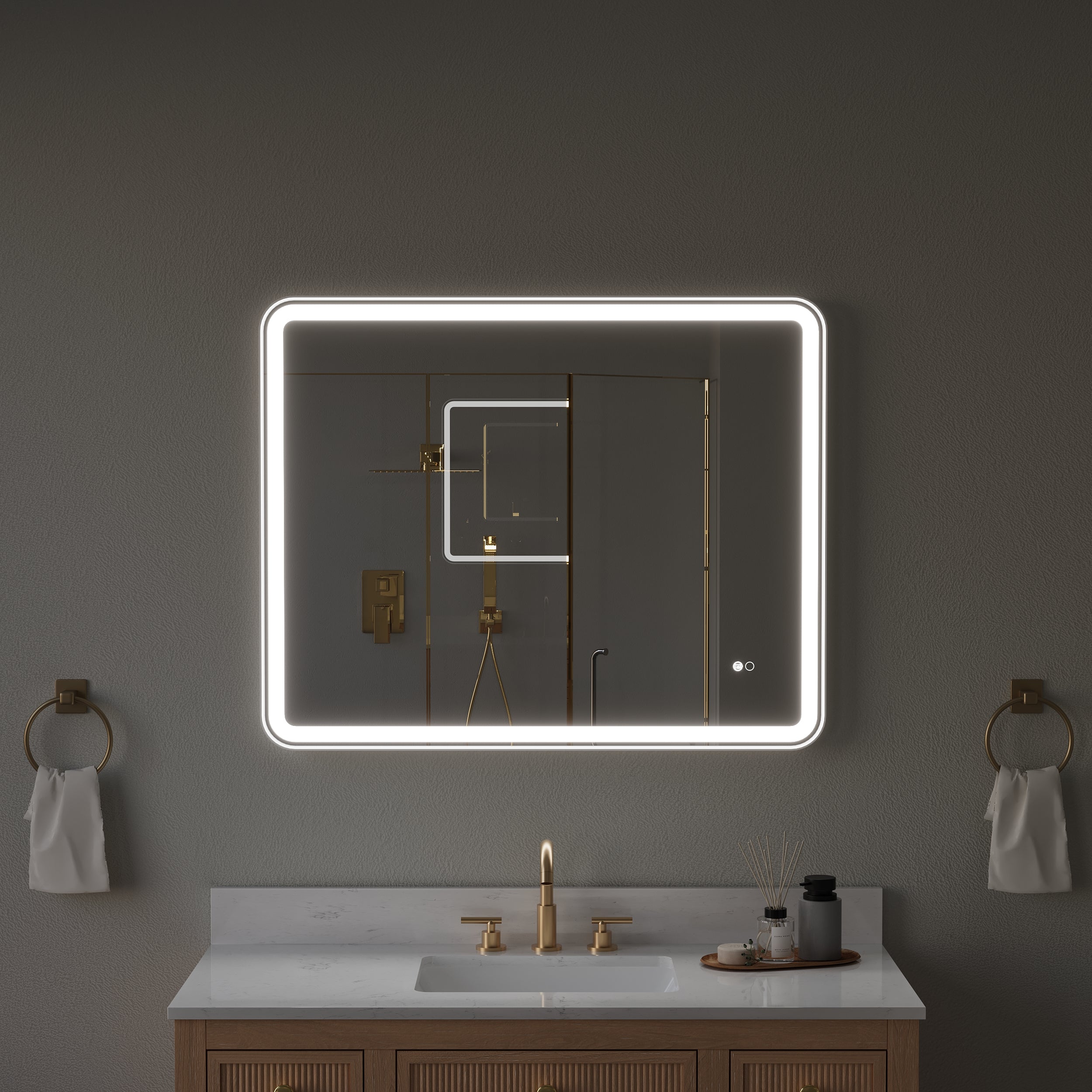 40 in. W x 32 in. H Framed LED Light Bathroom Vanity Mirror- Round Corners in White