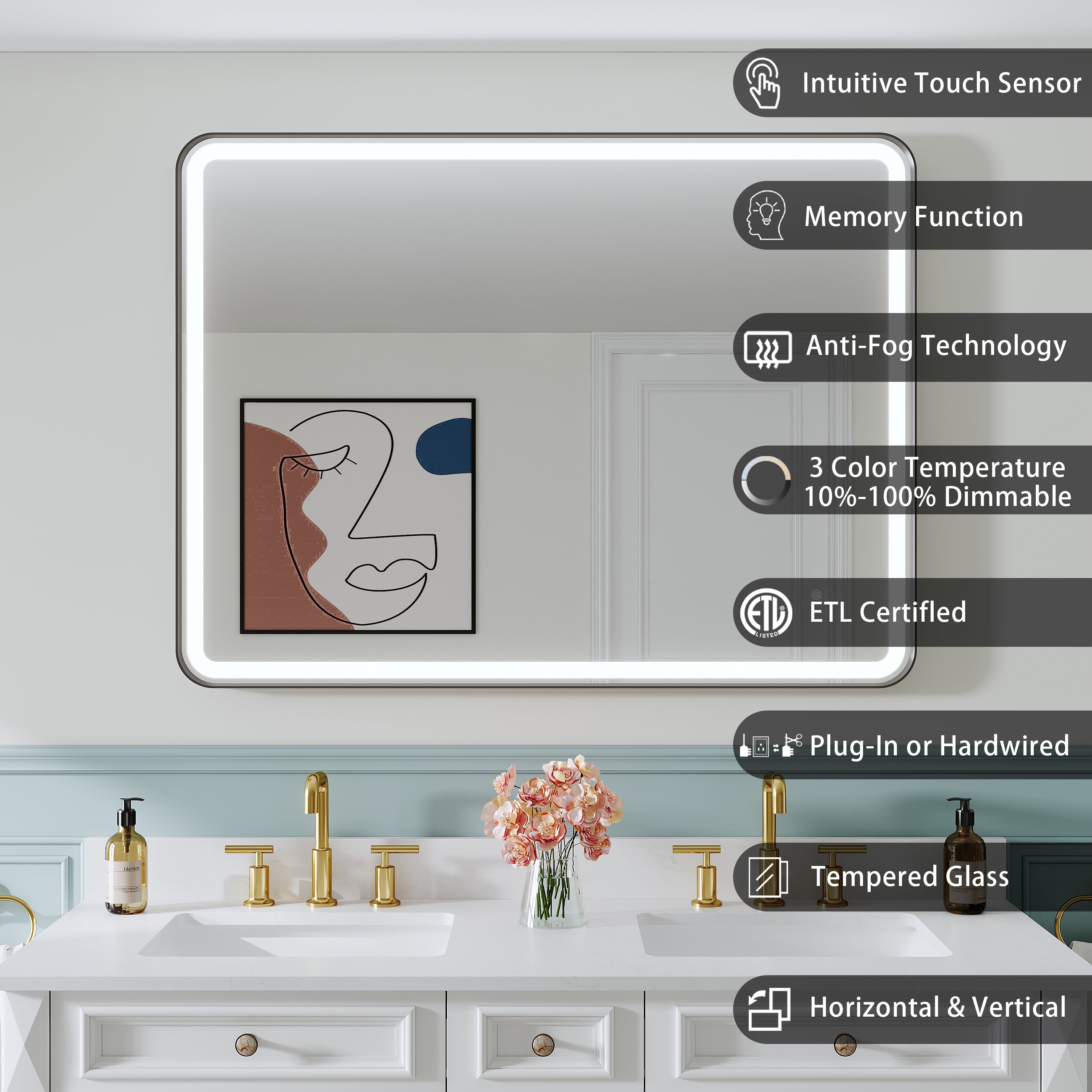 48 in. W x 36 in. H Framed LED Light Bathroom Vanity Mirror - Round Corners in Black