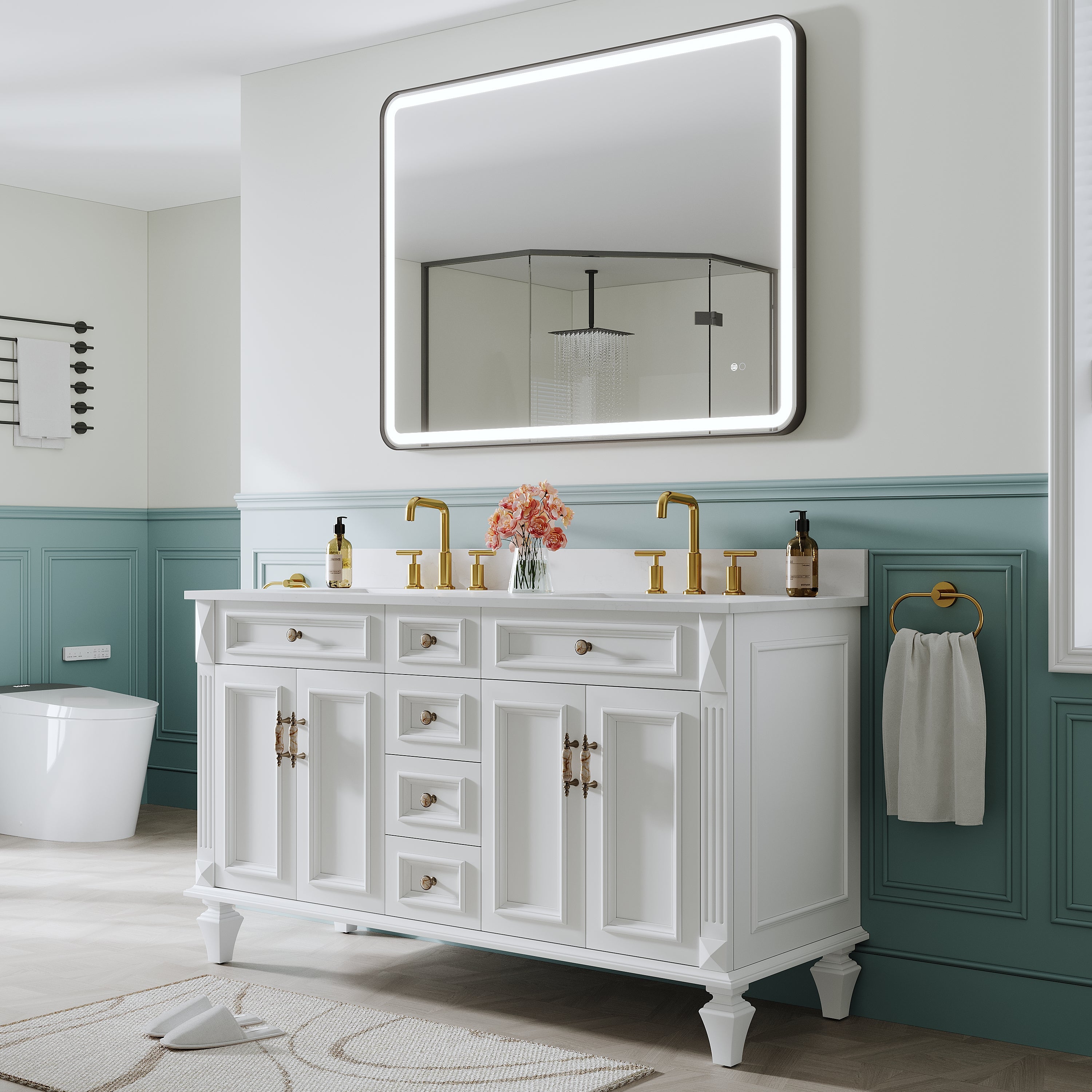 48 in. W x 36 in. H Framed LED Light Bathroom Vanity Mirror - Round Corners in Black