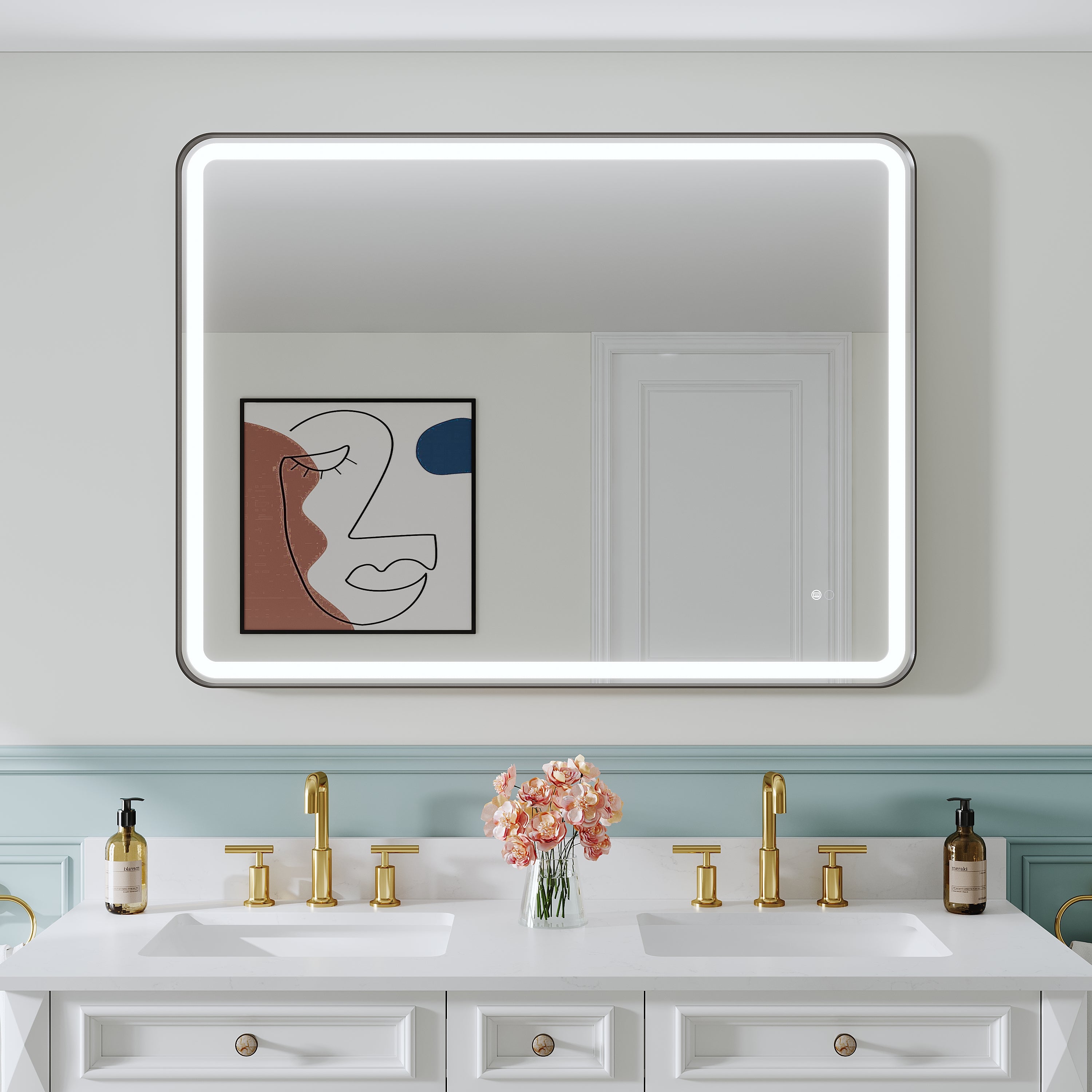 48 in. W x 36 in. H Framed LED Light Bathroom Vanity Mirror - Round Corners in Black