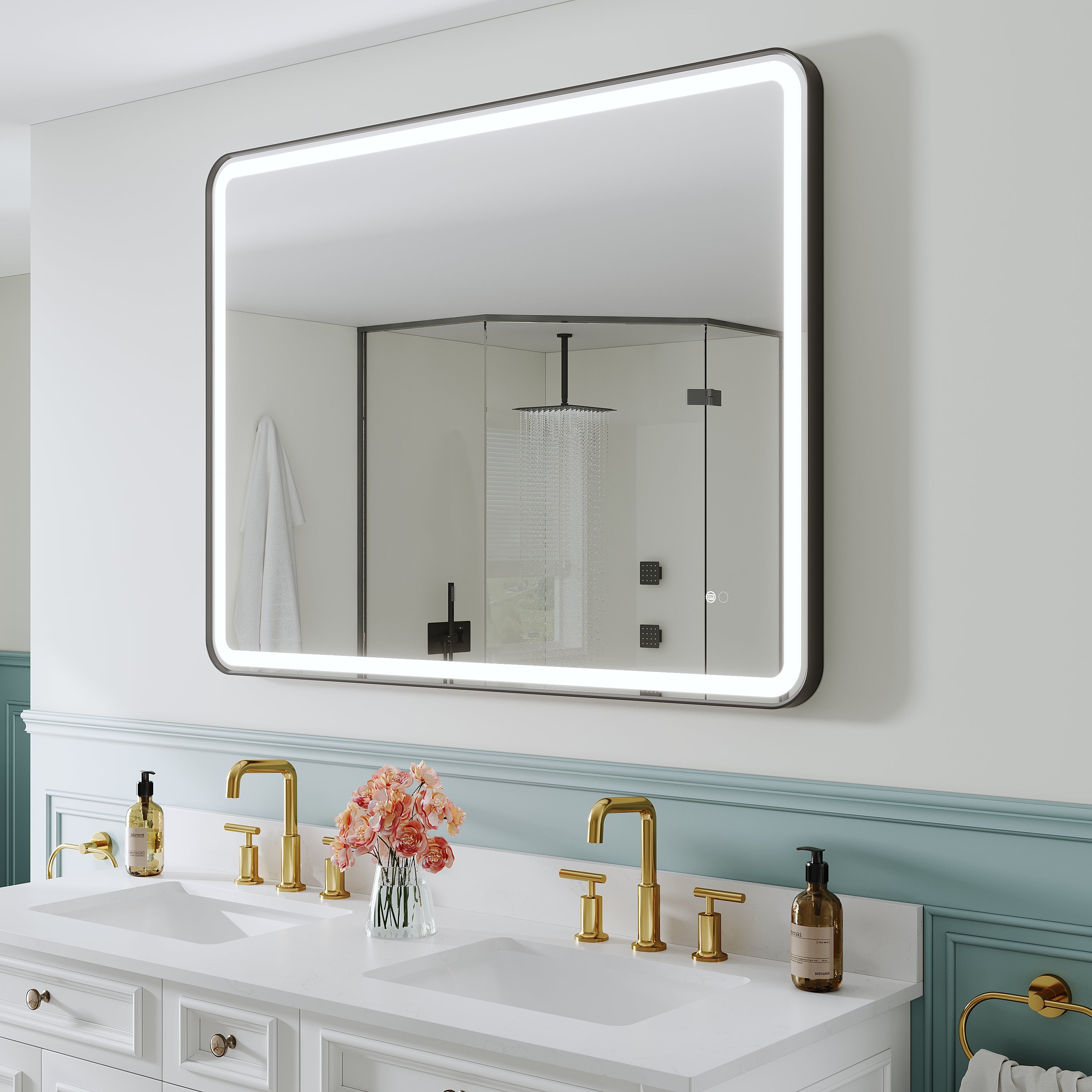 48 in. W x 36 in. H Framed LED Light Bathroom Vanity Mirror - Round Corners in Black