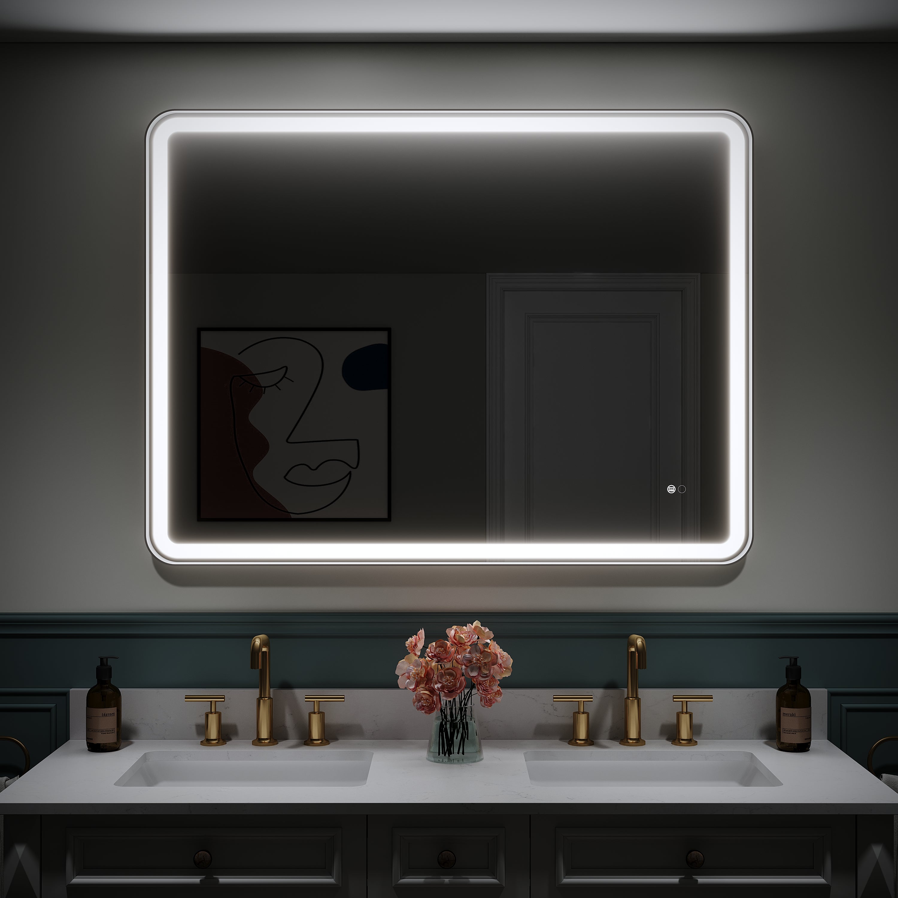 48 in. W x 36 in. H Framed LED Light Bathroom Vanity Mirror - Round Corners in Black
