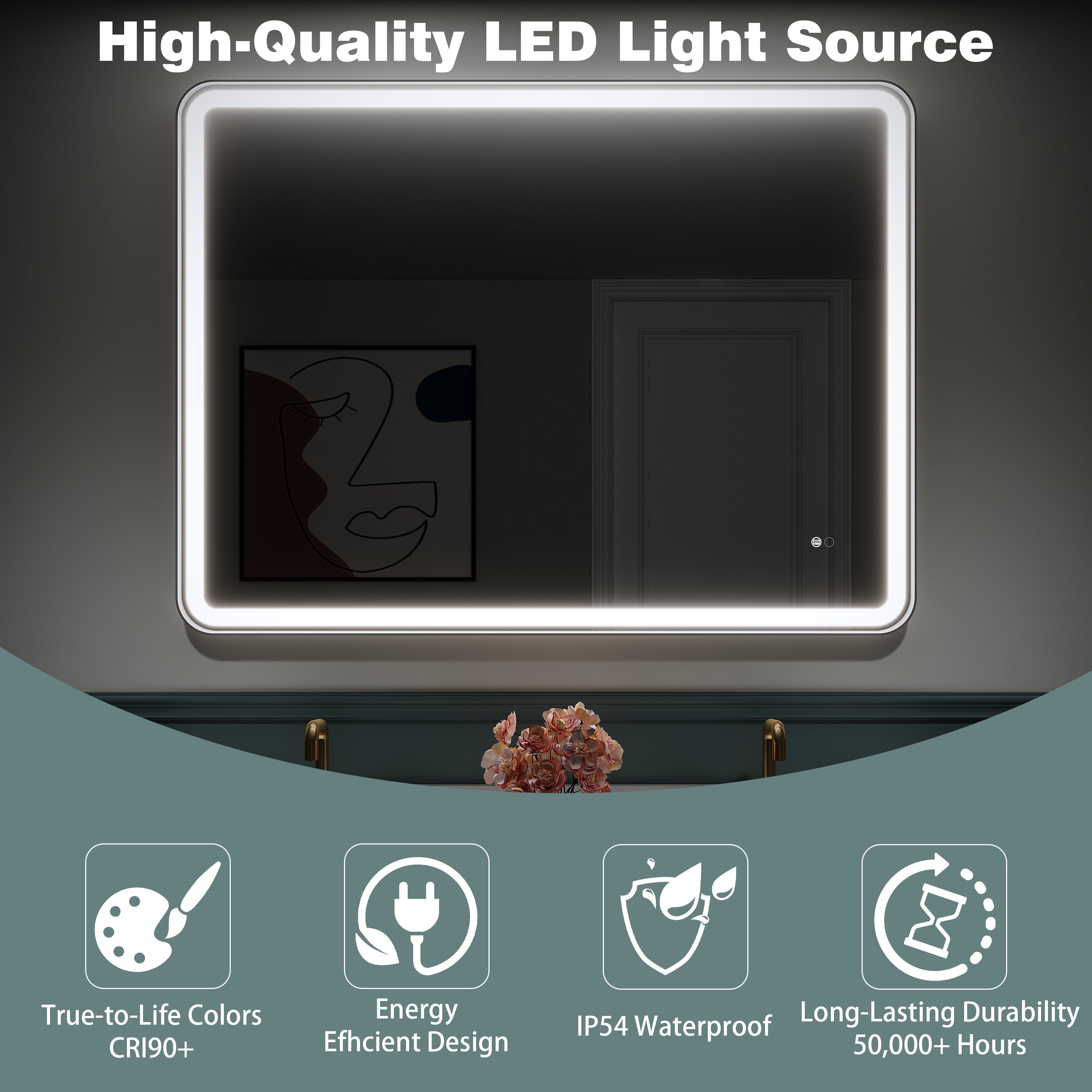 48 in. W x 36 in. H Framed LED Light Bathroom Vanity Mirror - Round Corners in Black