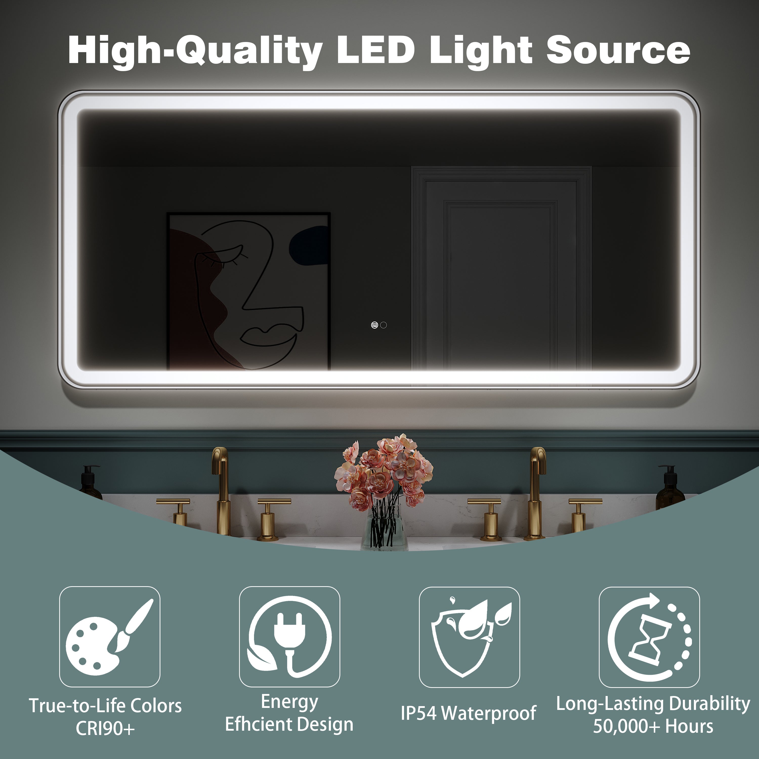 60 in. W x 28 in. H Framed LED Light Bathroom Vanity Mirror - Round Corners in Black