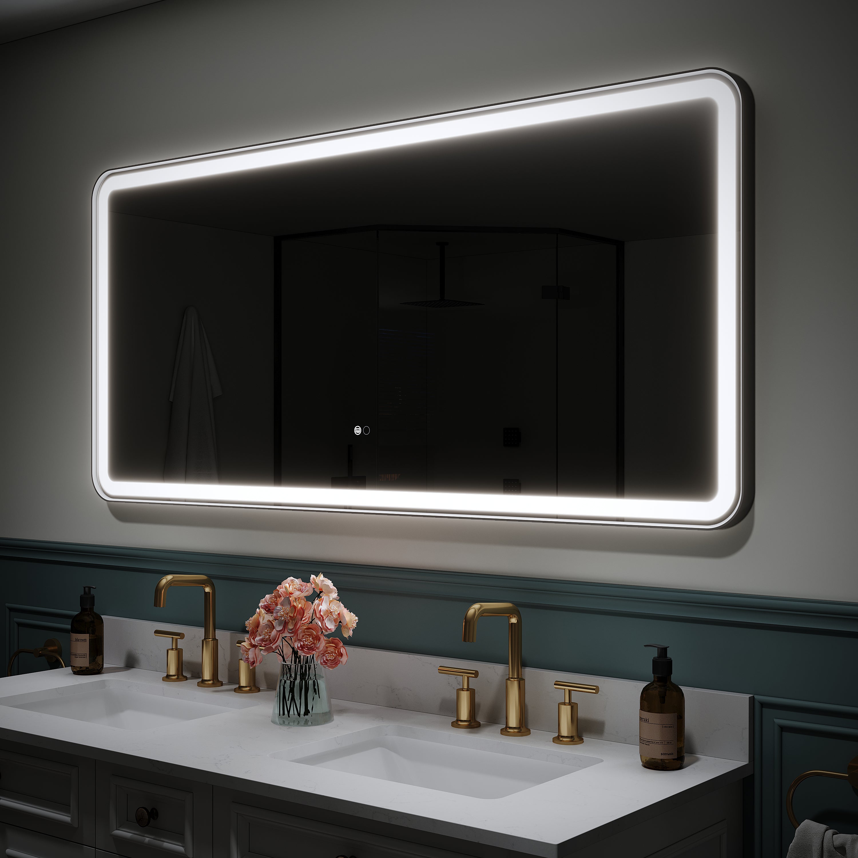 60 in. W x 28 in. H Framed LED Light Bathroom Vanity Mirror - Round Corners in Black